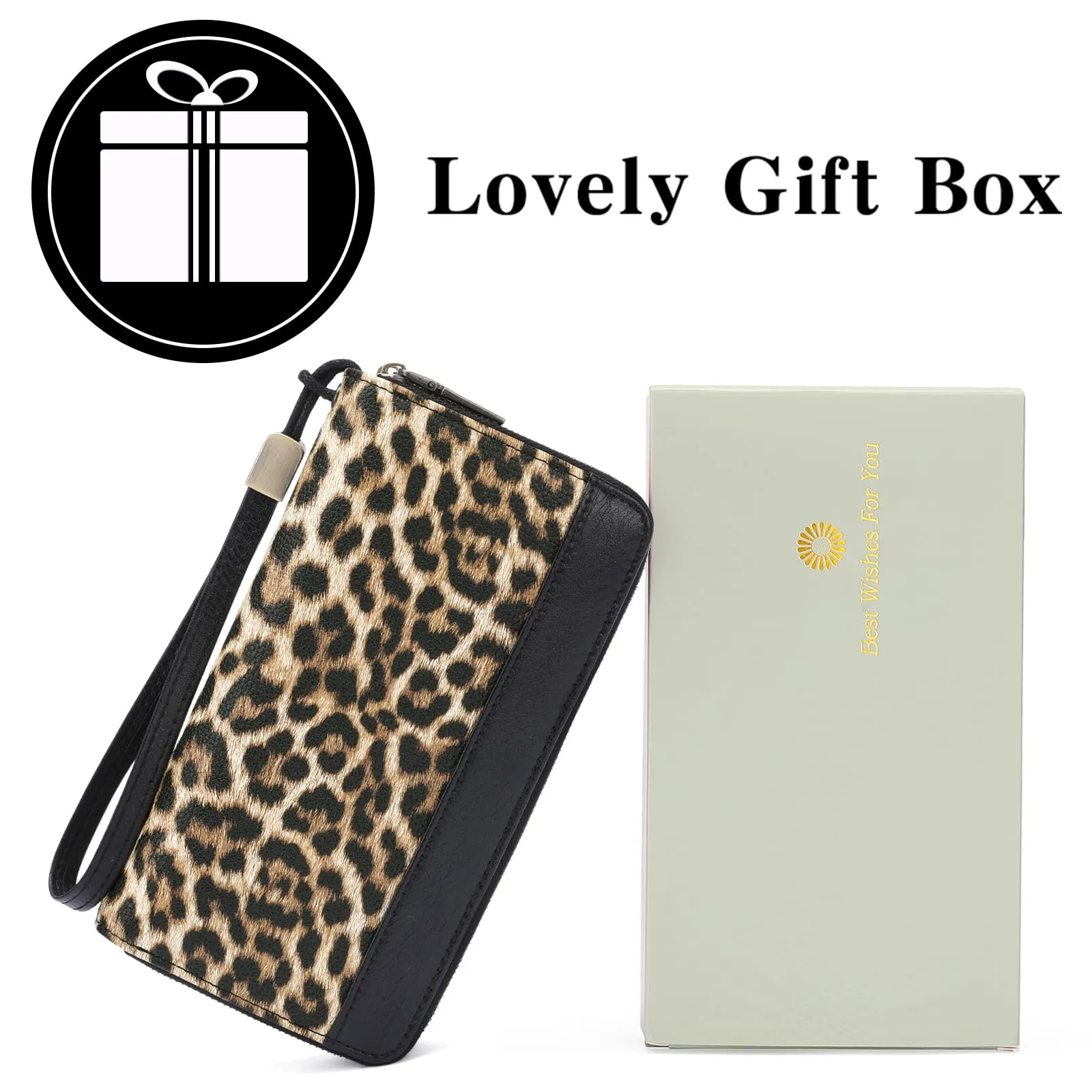 GOIACII Portafoglio da donna con doppia cerniera, grande protezione RFID, in pelle, con cinturino da polso, tasca lunga per cellulare con stampa floreale, A12-nero leopardato, L, Rétro - immagine 6