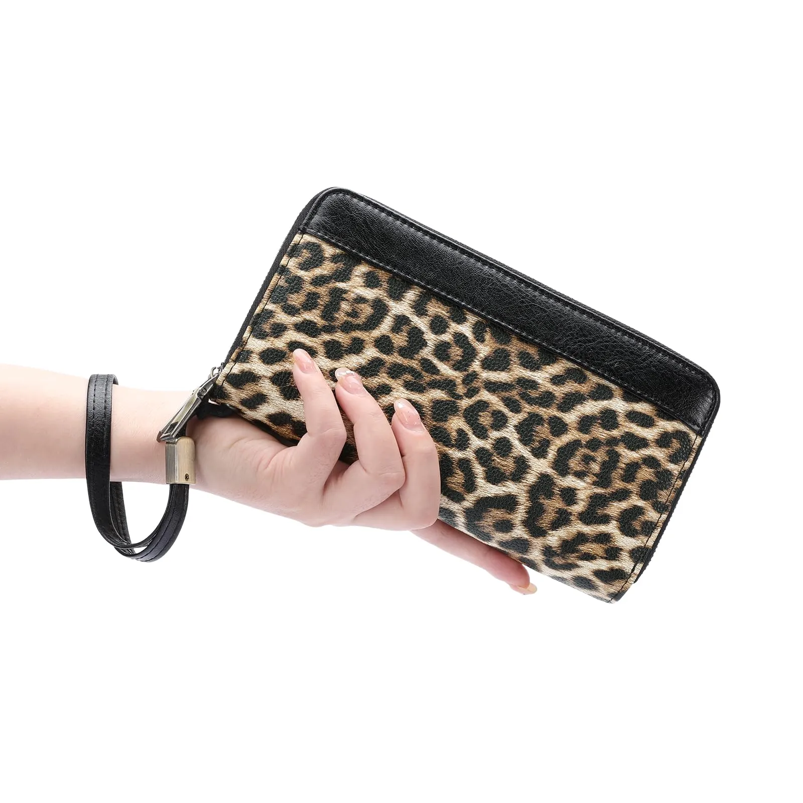 GOIACII Portafoglio da donna con doppia cerniera, grande protezione RFID, in pelle, con cinturino da polso, tasca lunga per cellulare con stampa floreale, A12-nero leopardato, L, Rétro - immagine 7