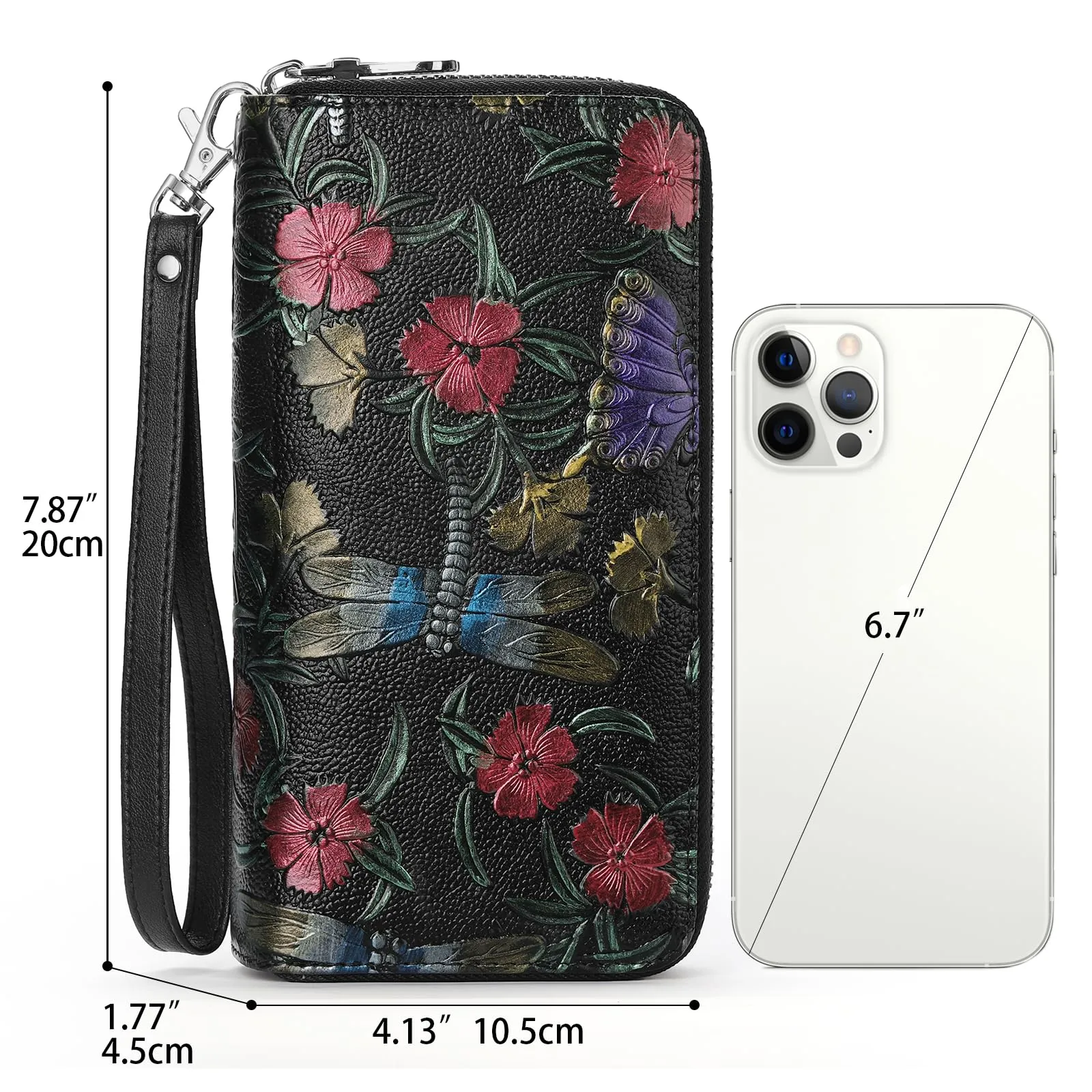 GOIACII Portafoglio da donna con doppia cerniera, grande protezione RFID, in pelle, con cinturino da polso, tasca lunga per cellulare con stampa floreale, A10 libellule nere, L, Rétro - immagine 2