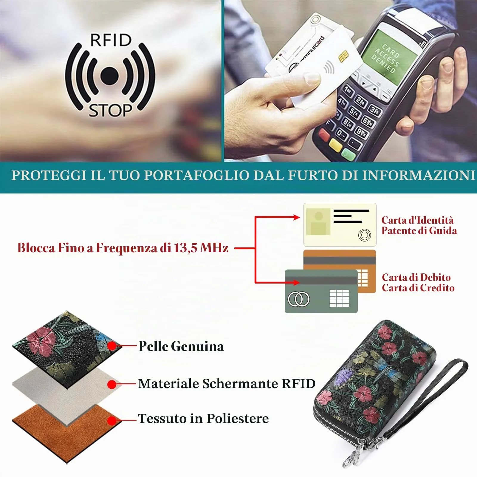 GOIACII Portafoglio da donna con doppia cerniera, grande protezione RFID, in pelle, con cinturino da polso, tasca lunga per cellulare con stampa floreale, A10 libellule nere, L, Rétro - immagine 4