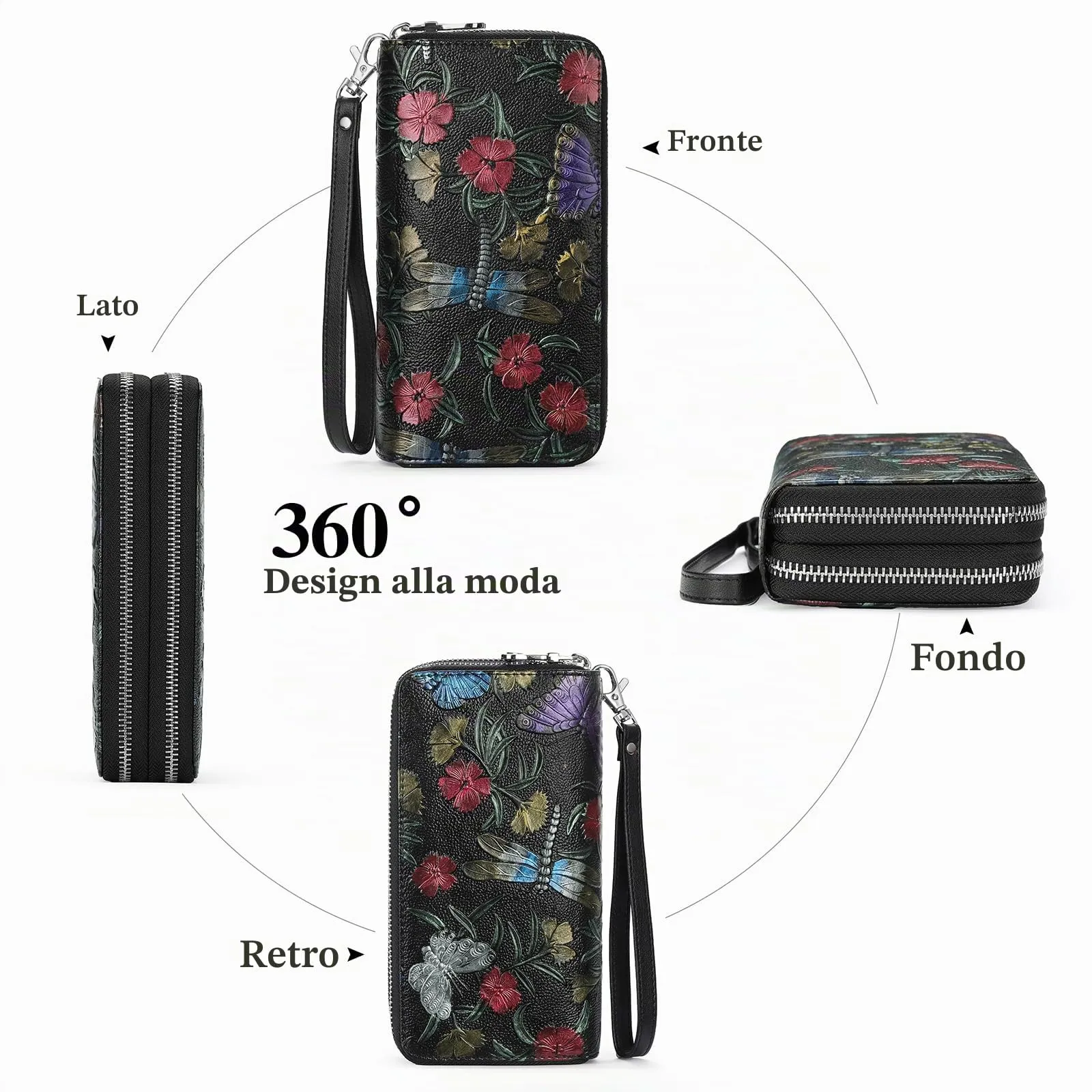 GOIACII Portafoglio da donna con doppia cerniera, grande protezione RFID, in pelle, con cinturino da polso, tasca lunga per cellulare con stampa floreale, A10 libellule nere, L, Rétro - immagine 5