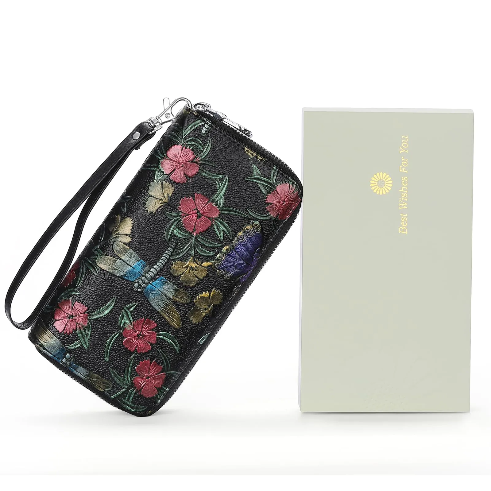 GOIACII Portafoglio da donna con doppia cerniera, grande protezione RFID, in pelle, con cinturino da polso, tasca lunga per cellulare con stampa floreale, A10 libellule nere, L, Rétro - immagine 6
