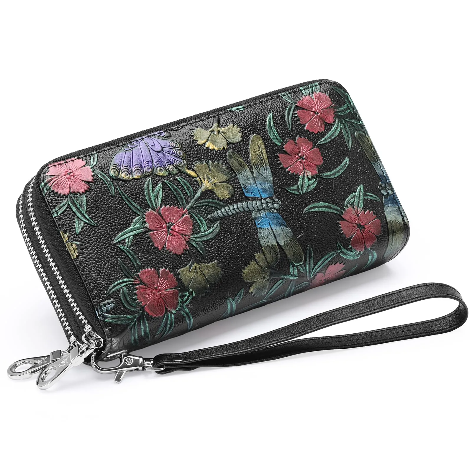 GOIACII Portafoglio da donna con doppia cerniera, grande protezione RFID, in pelle, con cinturino da polso, tasca lunga per cellulare con stampa floreale, A10 libellule nere, L, Rétro - immagine 7