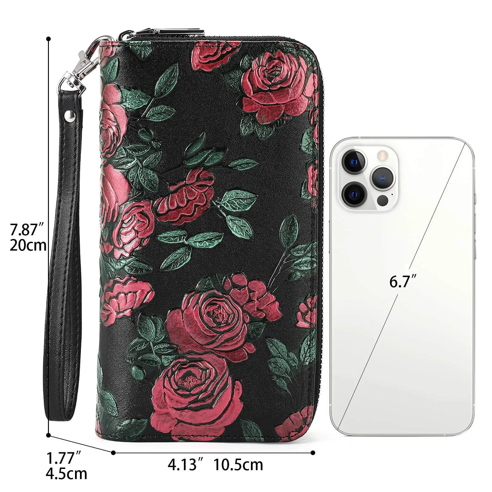 GOIACII Portafoglio da donna con doppia cerniera, grande protezione RFID, in pelle, con cinturino da polso, tasca lunga per cellulare con stampa floreale, A11 rosa rossa, L, Rétro - immagine 2