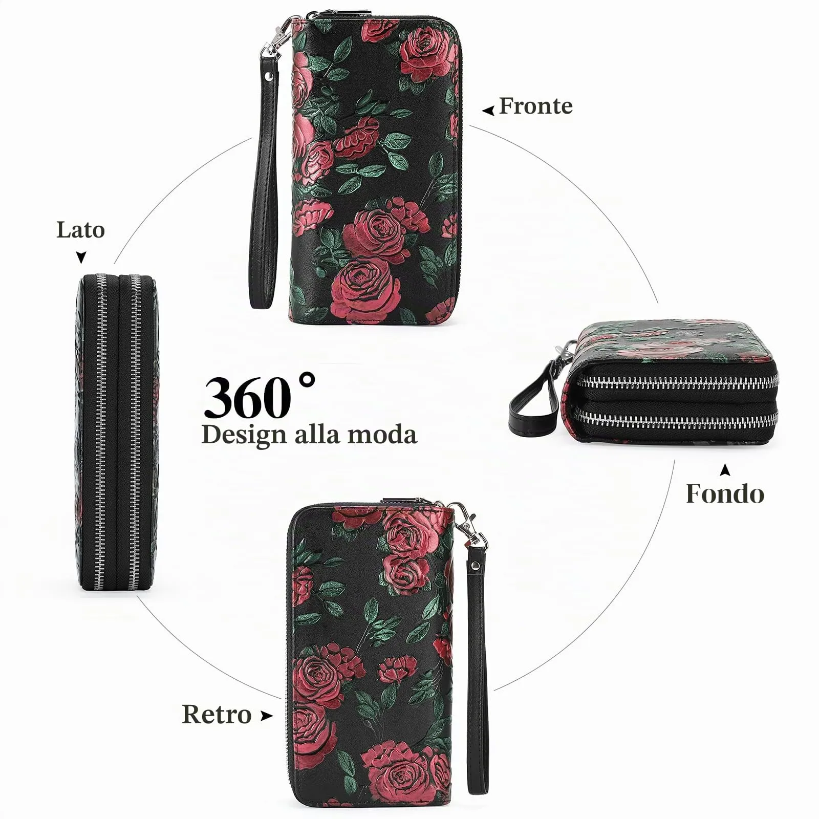 GOIACII Portafoglio da donna con doppia cerniera, grande protezione RFID, in pelle, con cinturino da polso, tasca lunga per cellulare con stampa floreale, A11 rosa rossa, L, Rétro - immagine 4