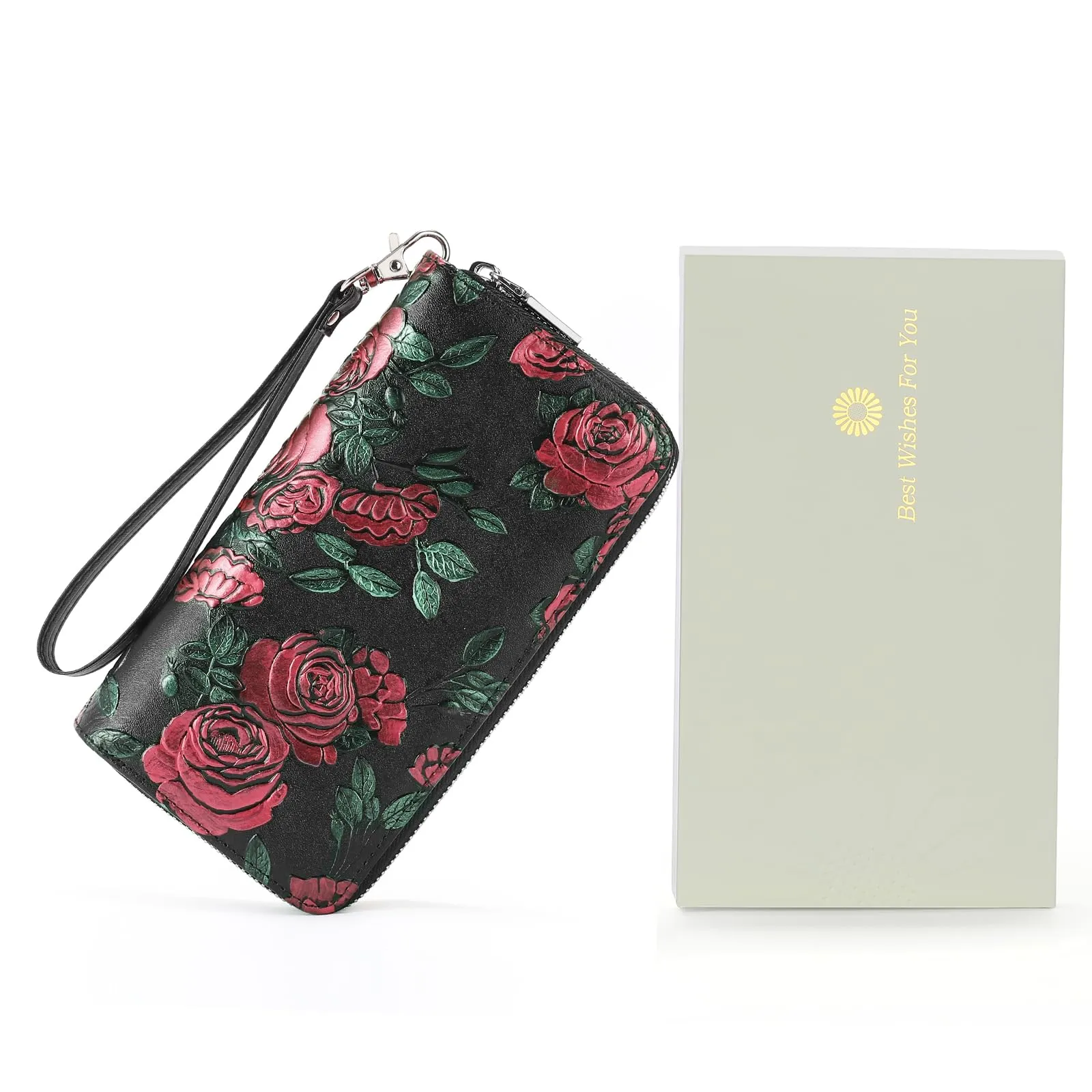 GOIACII Portafoglio da donna con doppia cerniera, grande protezione RFID, in pelle, con cinturino da polso, tasca lunga per cellulare con stampa floreale, A11 rosa rossa, L, Rétro - immagine 5
