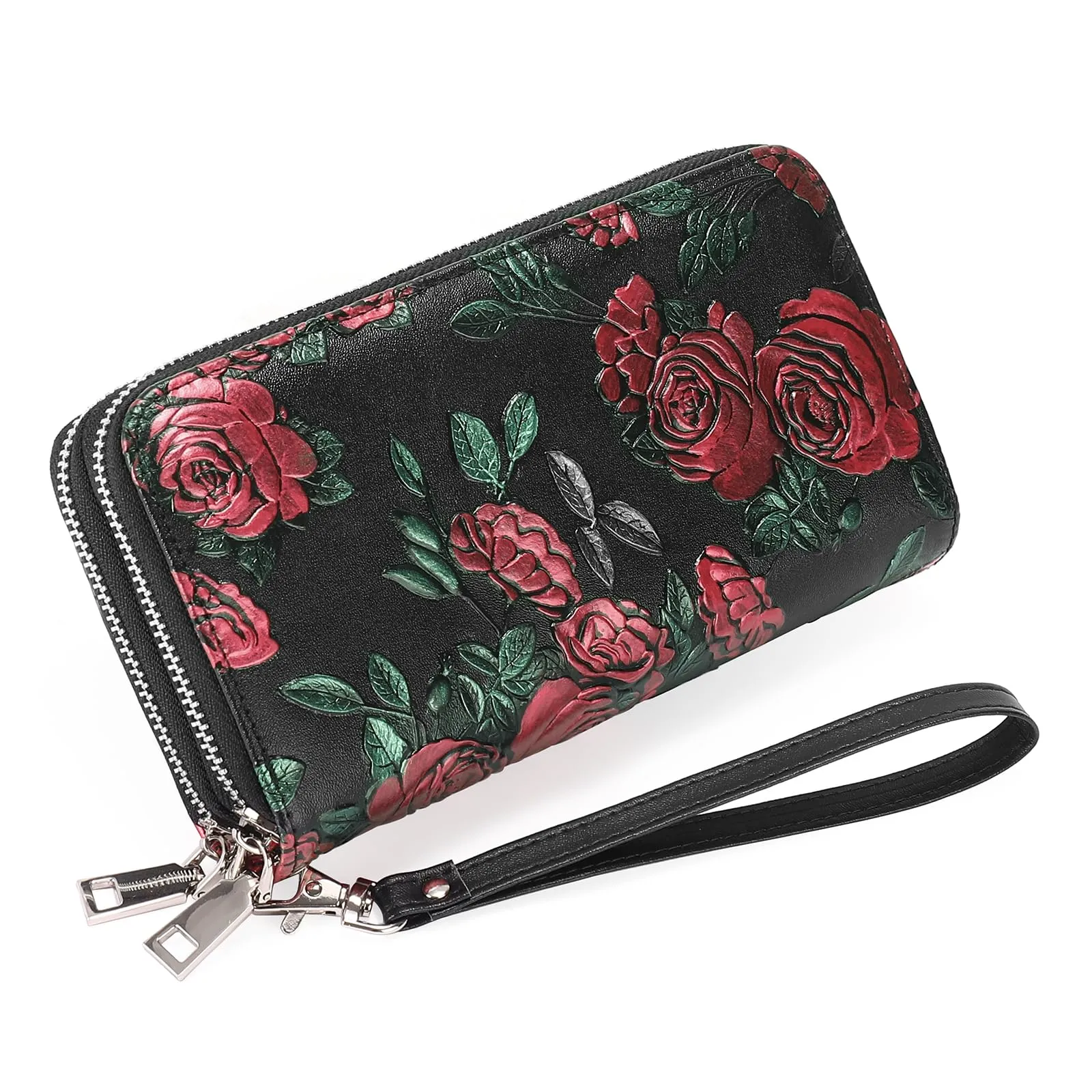GOIACII Portafoglio da donna con doppia cerniera, grande protezione RFID, in pelle, con cinturino da polso, tasca lunga per cellulare con stampa floreale, A11 rosa rossa, L, Rétro - immagine 6