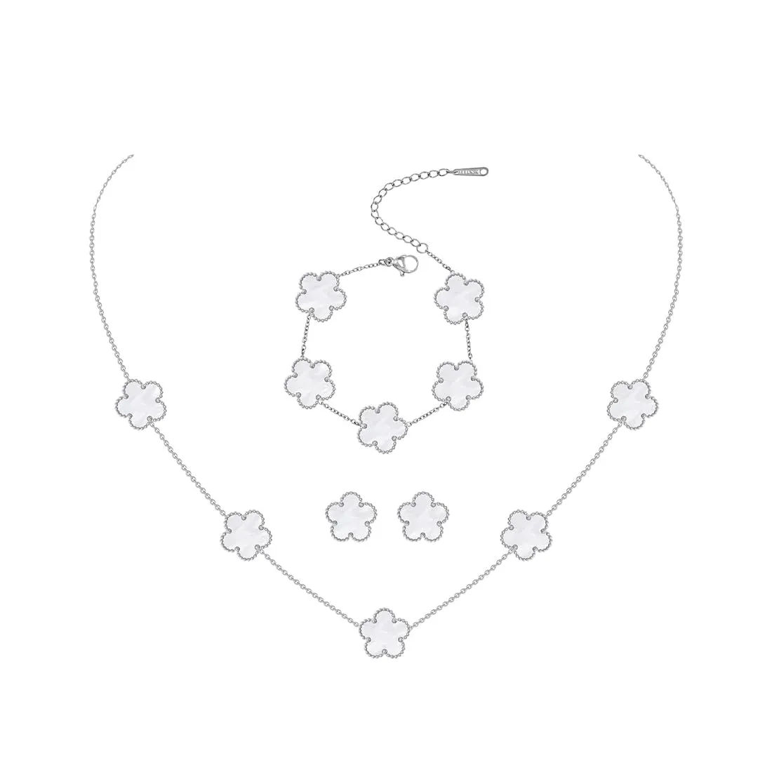 XIWCAFC Parure Gioielli Quadrifoglio da Donna 18K Placcato Oro Acciaio Inossidabile Fortunato Quadrifoglio Collana Orecchini Bracciali Set di Gioielli Sposa Regalo Dirndl Gioielli (Bianco S) - immagine 1