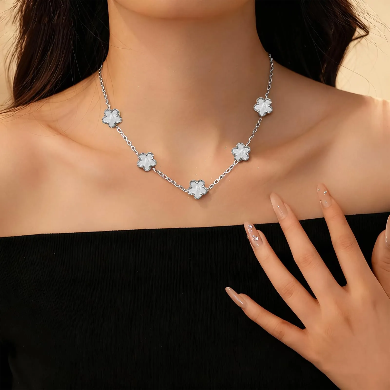 XIWCAFC Parure Gioielli Quadrifoglio da Donna 18K Placcato Oro Acciaio Inossidabile Fortunato Quadrifoglio Collana Orecchini Bracciali Set di Gioielli Sposa Regalo Dirndl Gioielli (Bianco S) - immagine 6