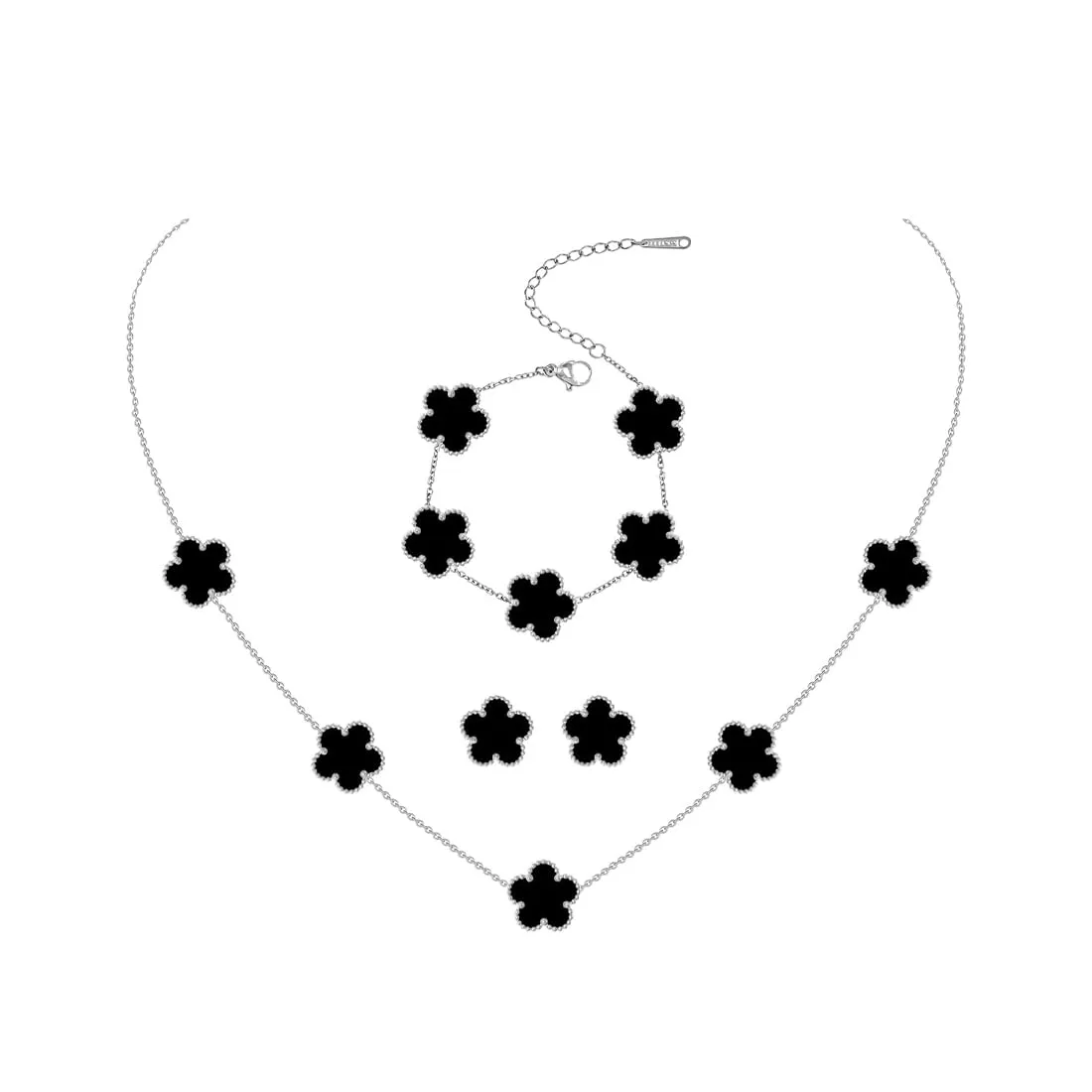 XIWCAFC Parure Gioielli Quadrifoglio da Donna 18K Placcato Oro Acciaio Inossidabile Fortunato Quadrifoglio Collana Orecchini Bracciali Set di Gioielli Sposa Regalo Dirndl Gioielli (Nero S) - immagine 1