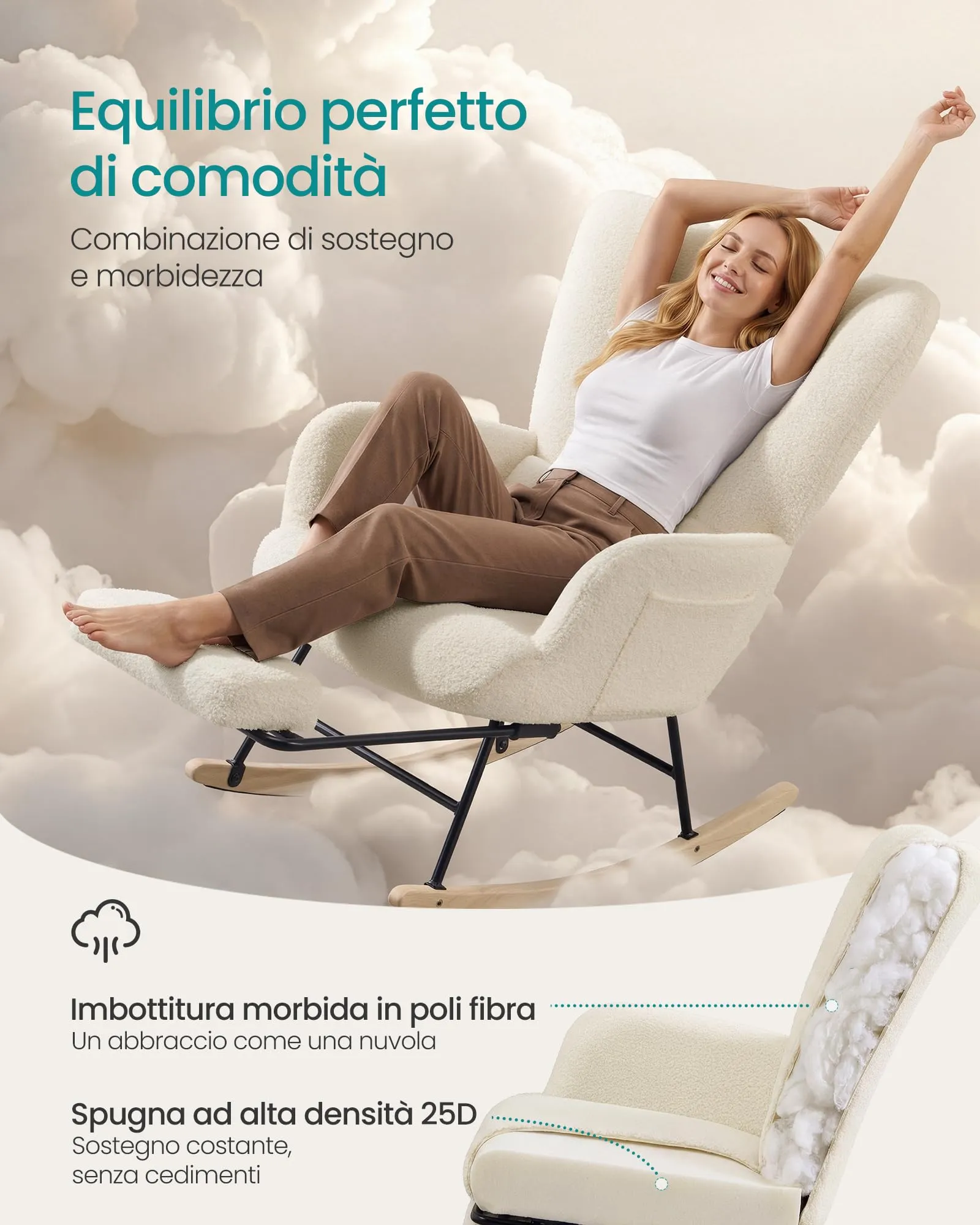 SONGMICS Sedia a Dondolo, Poggiapiedi Estraibile, Cuscino Rimovibile - immagine 3