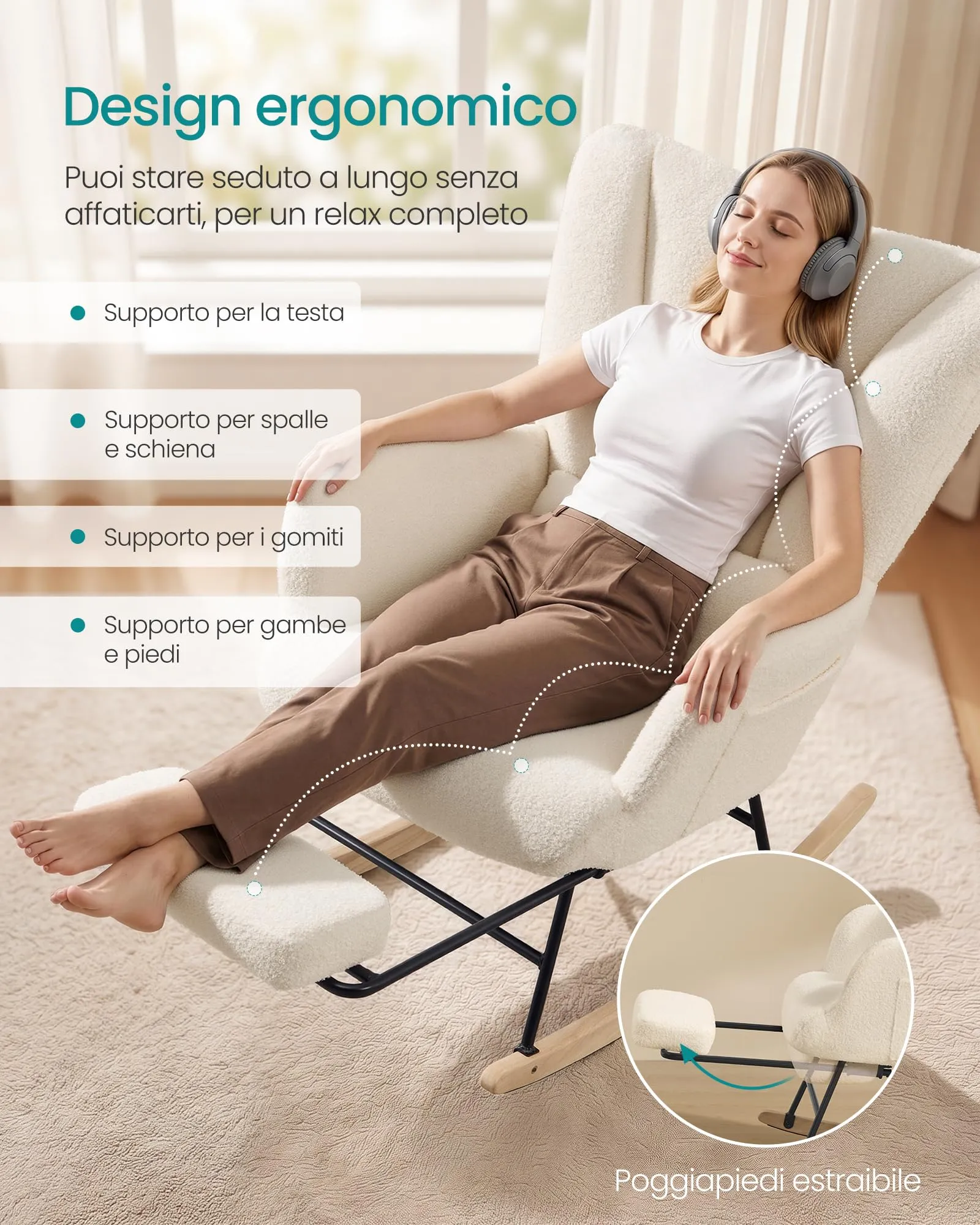 SONGMICS Sedia a Dondolo, Poggiapiedi Estraibile, Cuscino Rimovibile - immagine 4