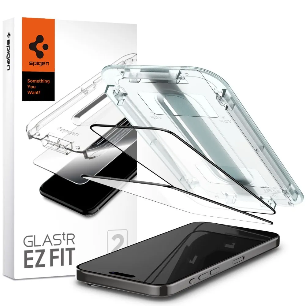 Pellicola Protettiva Schermo Spigen GlastR EZ FIT per Apple iPhone 15 Pro Max, Vetro Temperato, Full Glue, Set 2 pezzi, Nera AGL06873 - immagine 1