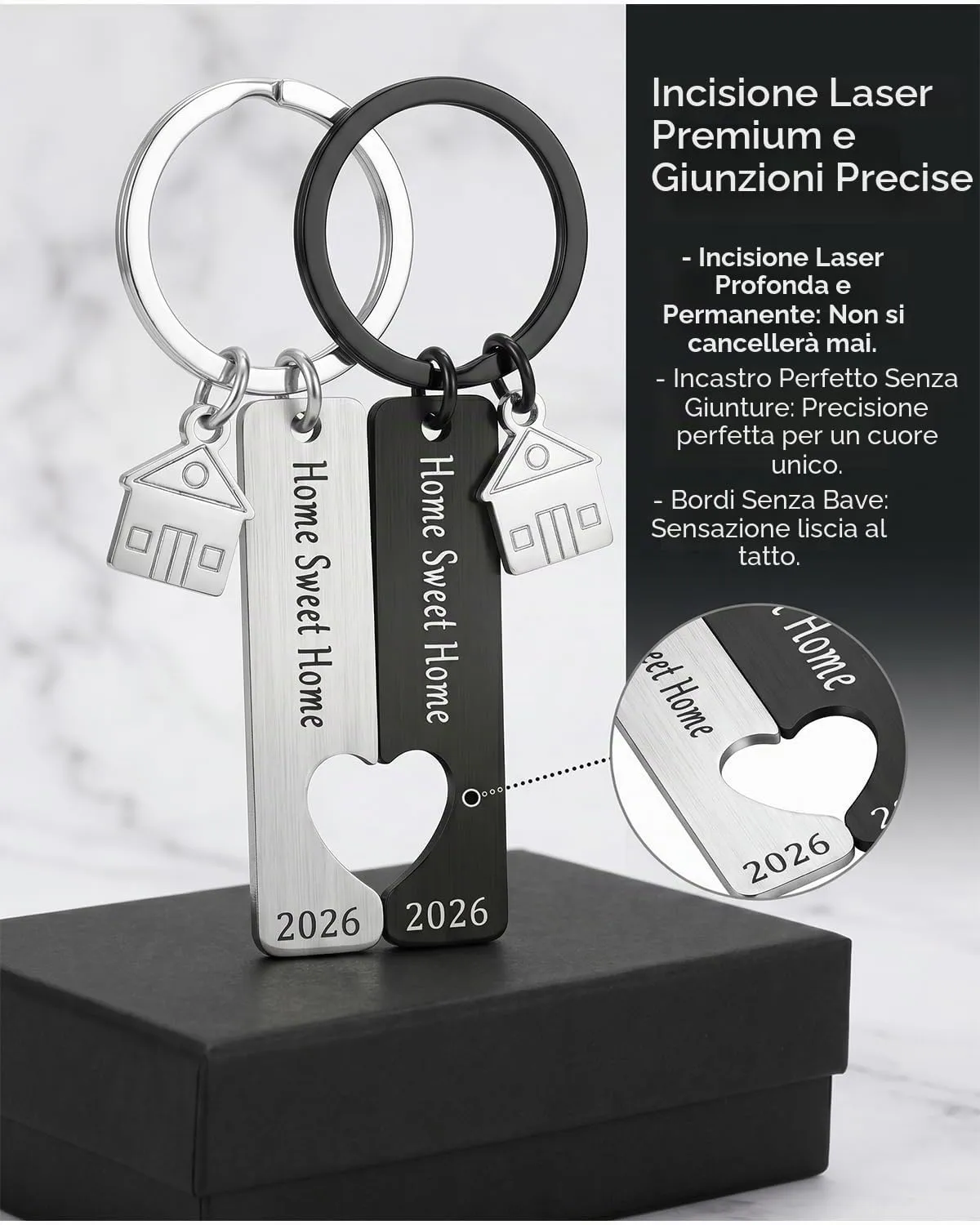 FIMWOLZ Portachiavi Coppia Personalizzato 2026 - Set di 2 in Acciaio Inossidabile, Regalo Inaugurazione Casa Nuova con Scatola Nera - immagine 6