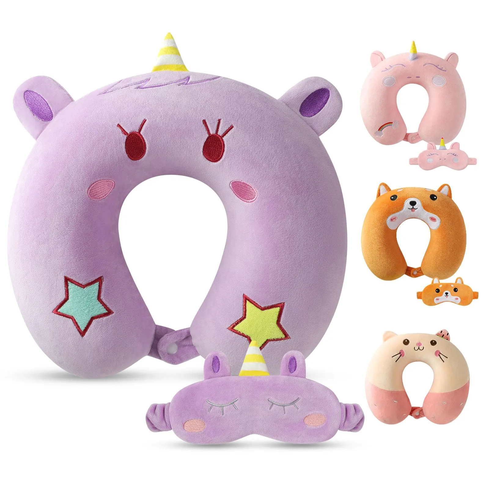Alaoo Cuscino da Viaggio per Bambini, con Benda sull'occhio,Unicorno Viola - immagine 1
