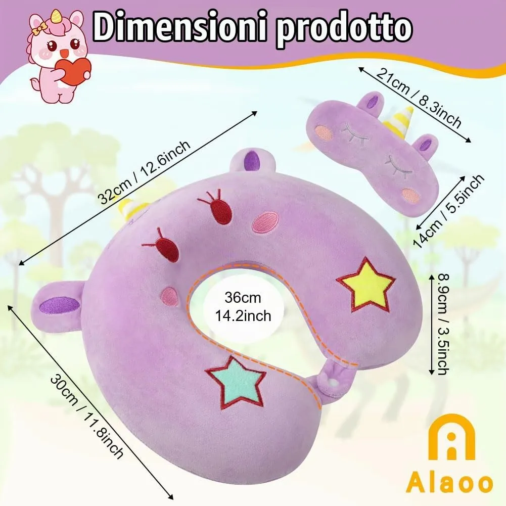 Alaoo Cuscino da Viaggio per Bambini, con Benda sull'occhio,Unicorno Viola - immagine 2