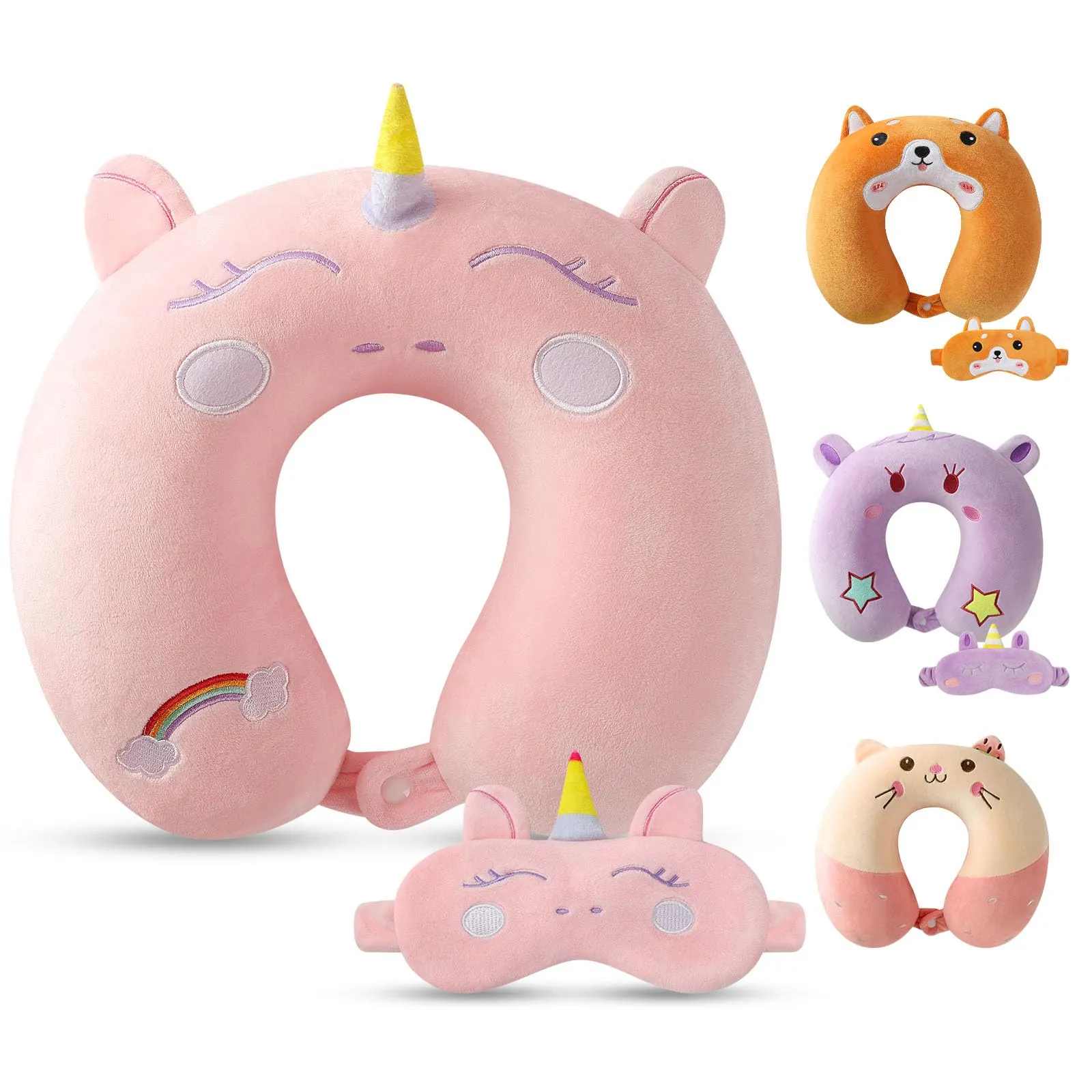 Alaoo Cuscino da Viaggio per Bambini, con Benda sull'occhio,Unicorno Rosa - immagine 1
