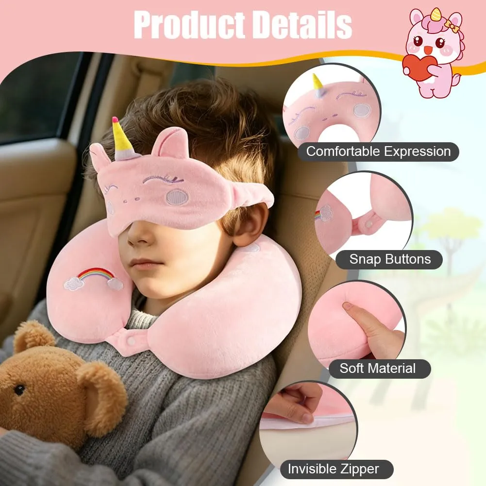Alaoo Cuscino da Viaggio per Bambini, con Benda sull'occhio,Unicorno Rosa - immagine 3