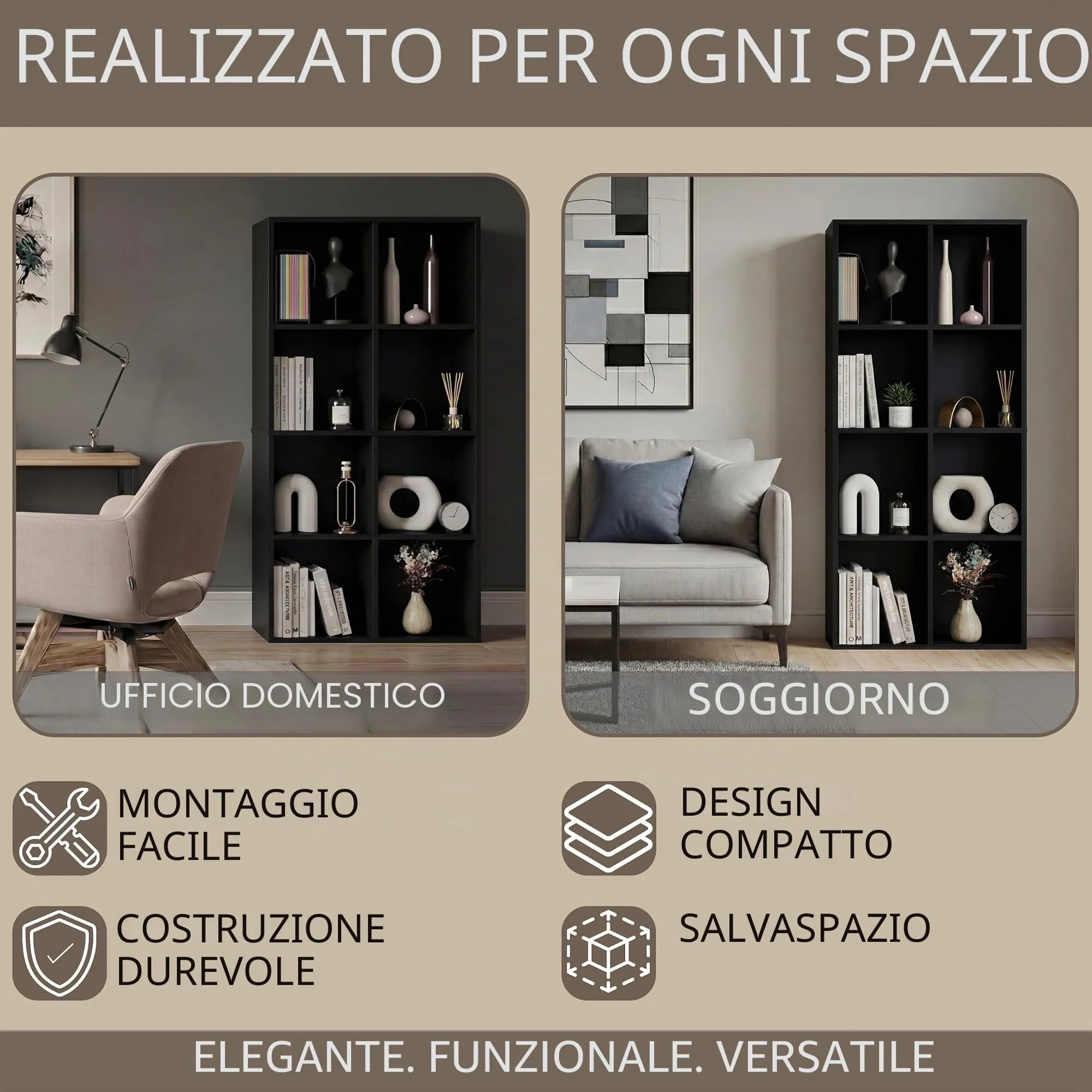 Vida Designs Mobiletto a 8 cubi, nero, in legno, per ufficio, soggiorno - immagine 3