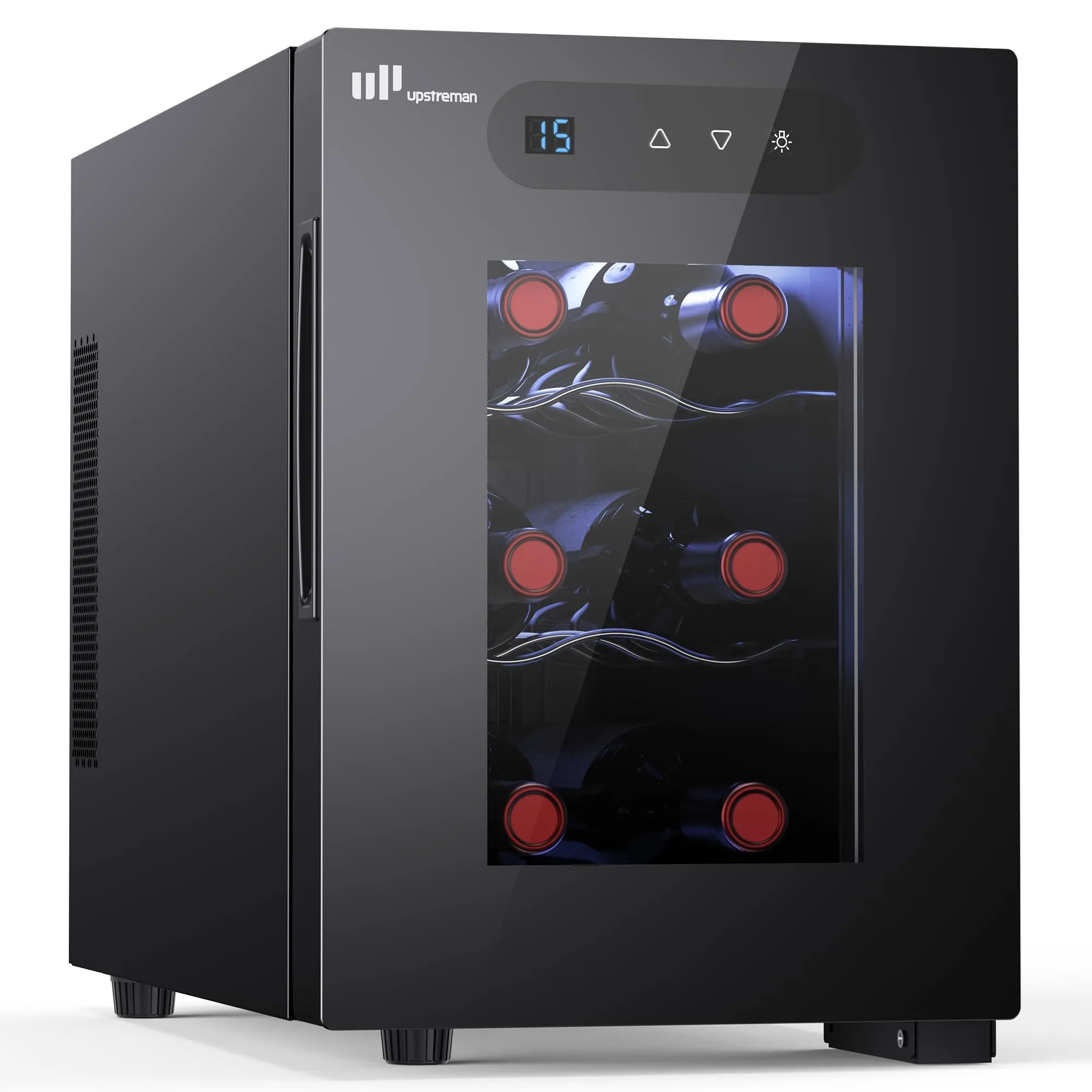 Upstreman Cantinetta Vino 6 Bottiglie., 5-18°C Regolabile, Display Touch Digitale, Silenziosa, Doppio vetro termico anti-UV, Illuminazione LED - immagine 1