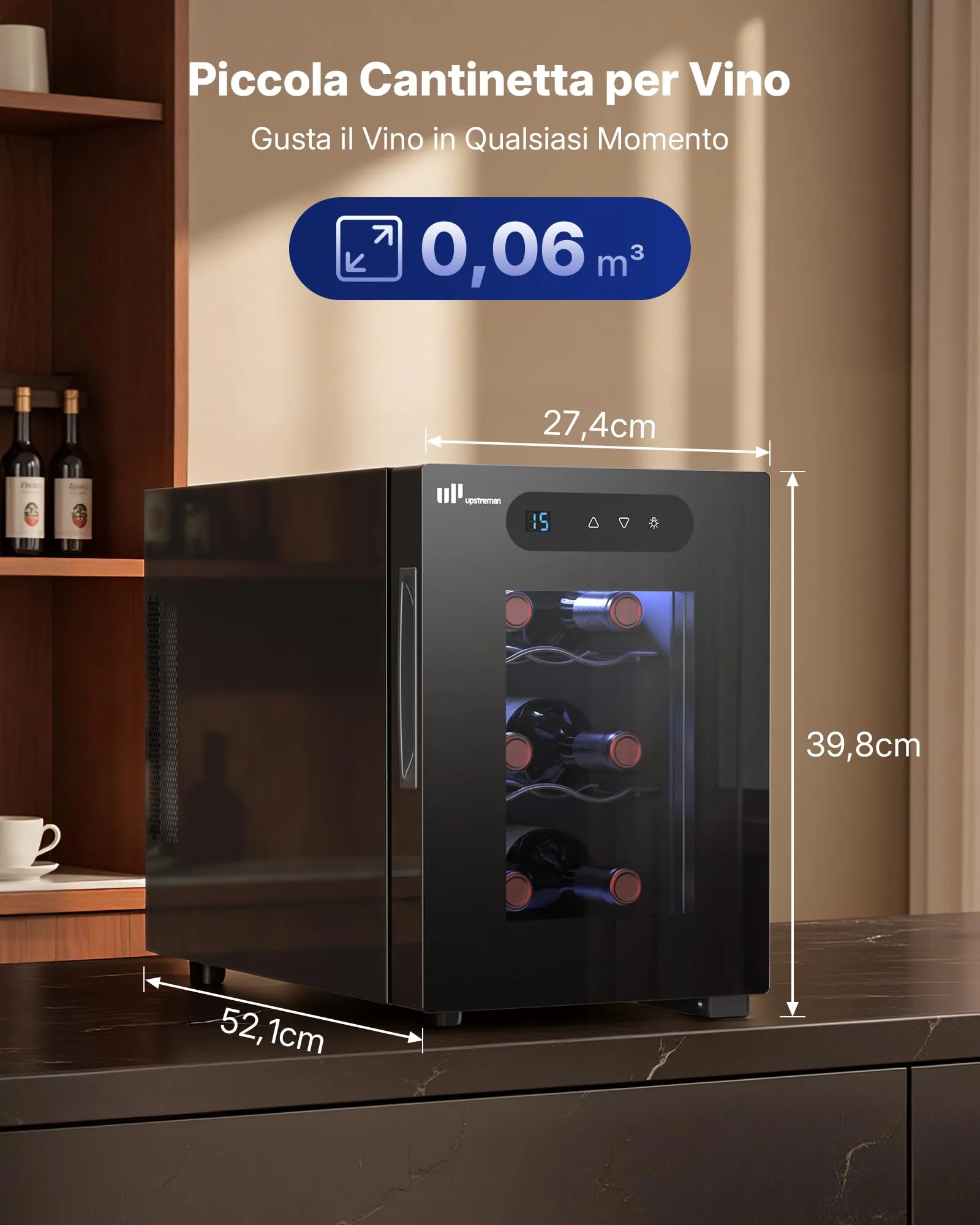 Upstreman Cantinetta Vino 6 Bottiglie., 5-18°C Regolabile, Display Touch Digitale, Silenziosa, Doppio vetro termico anti-UV, Illuminazione LED - immagine 2