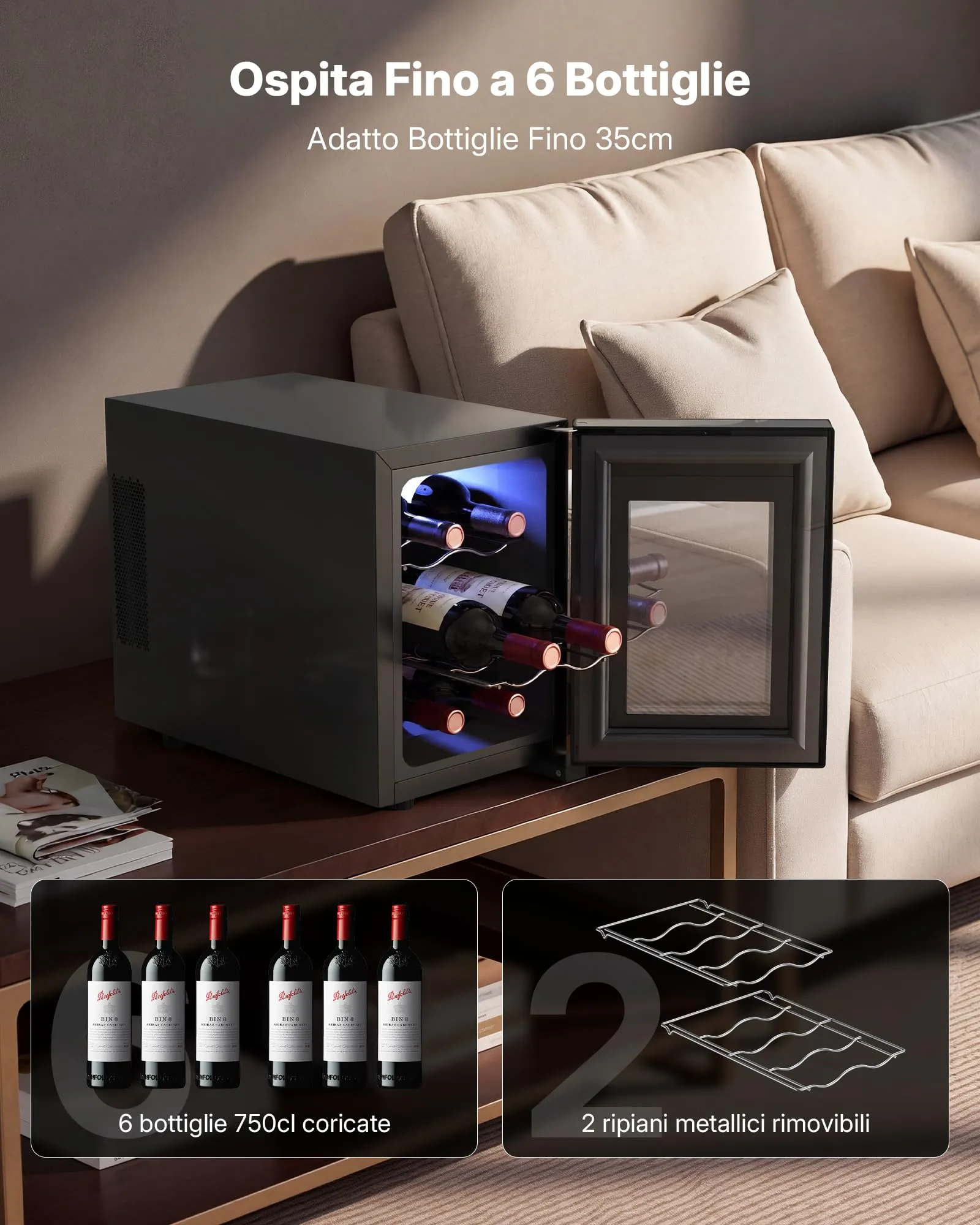 Upstreman Cantinetta Vino 6 Bottiglie., 5-18°C Regolabile, Display Touch Digitale, Silenziosa, Doppio vetro termico anti-UV, Illuminazione LED - immagine 3