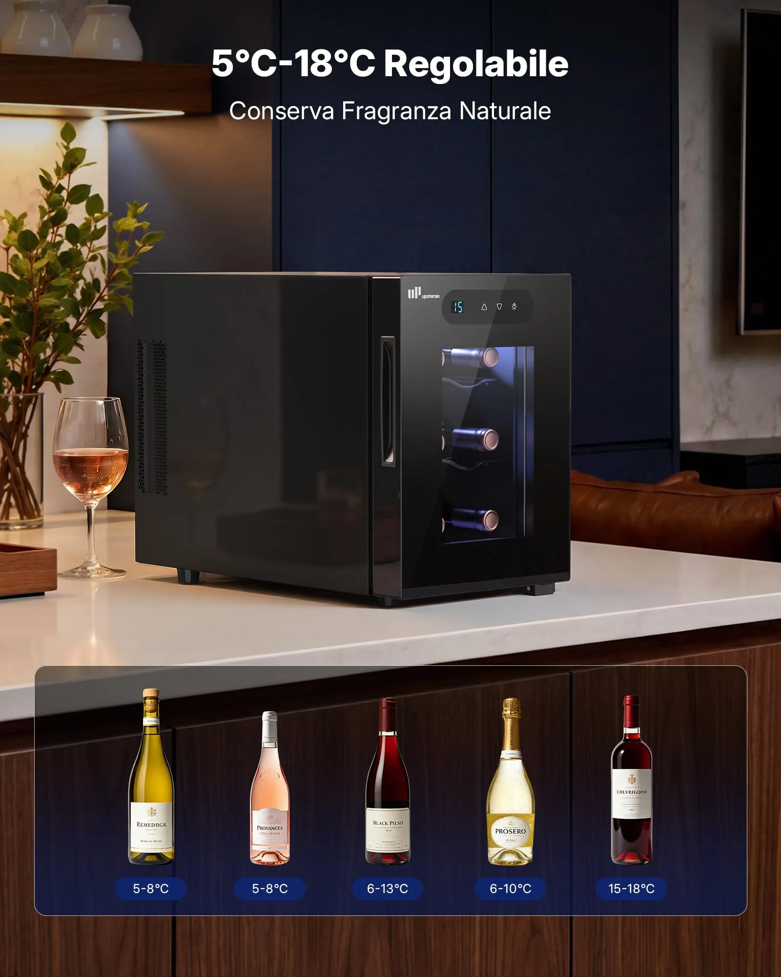 Upstreman Cantinetta Vino 6 Bottiglie., 5-18°C Regolabile, Display Touch Digitale, Silenziosa, Doppio vetro termico anti-UV, Illuminazione LED - immagine 4