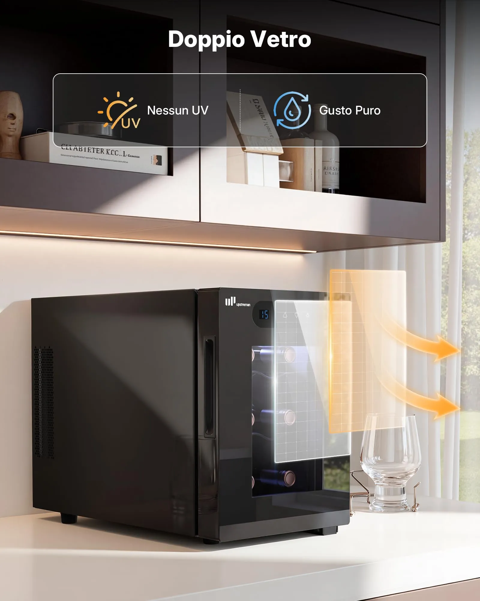 Upstreman Cantinetta Vino 6 Bottiglie., 5-18°C Regolabile, Display Touch Digitale, Silenziosa, Doppio vetro termico anti-UV, Illuminazione LED - immagine 5
