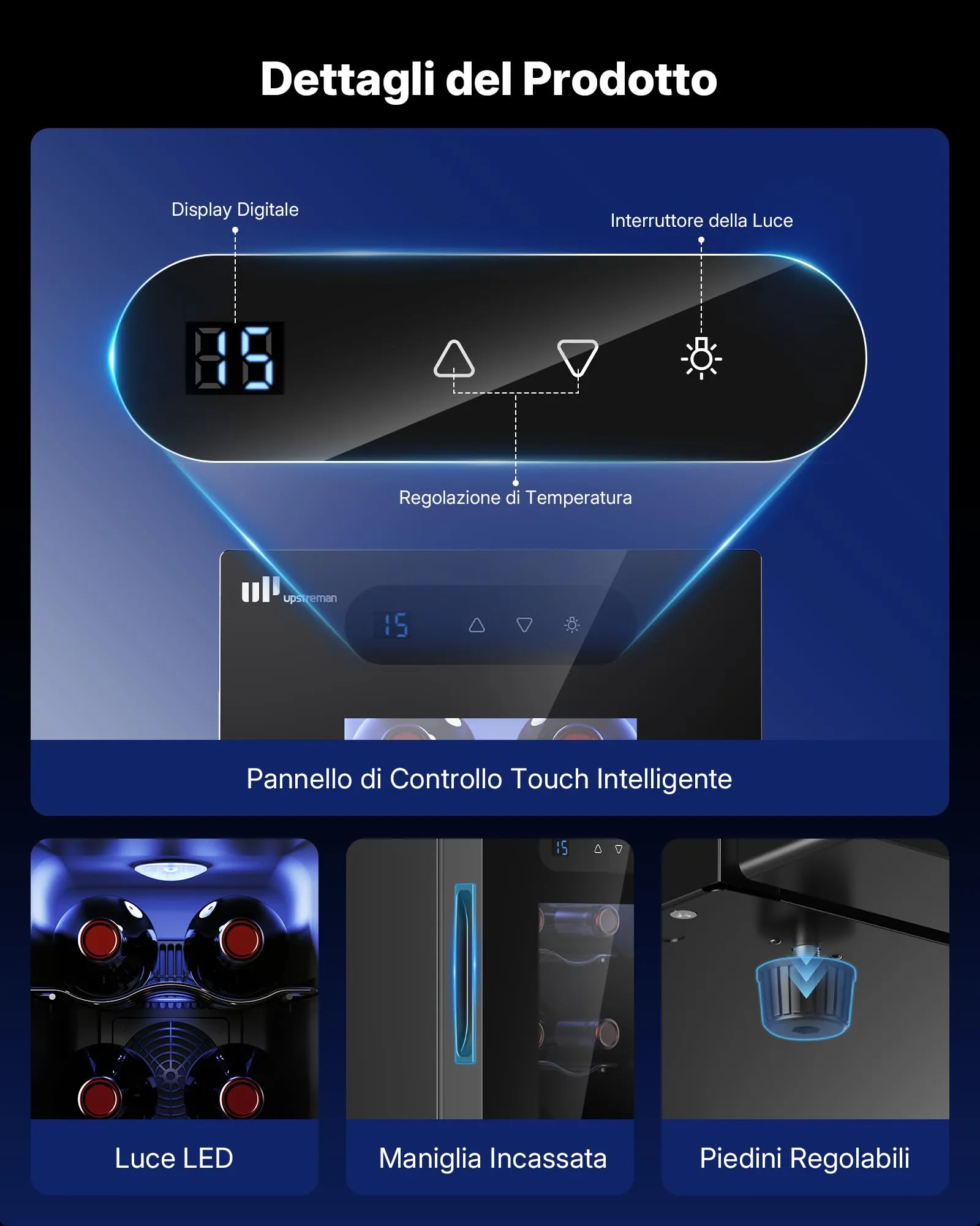 Upstreman Cantinetta Vino 6 Bottiglie., 5-18°C Regolabile, Display Touch Digitale, Silenziosa, Doppio vetro termico anti-UV, Illuminazione LED - immagine 6