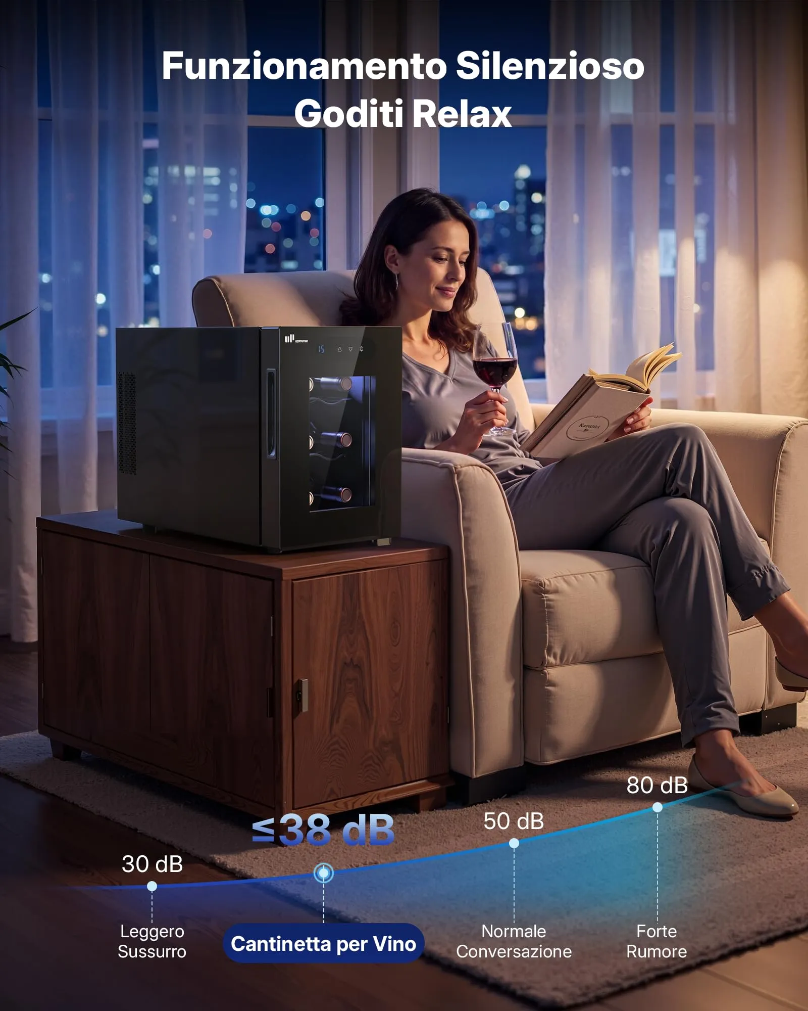 Upstreman Cantinetta Vino 6 Bottiglie., 5-18°C Regolabile, Display Touch Digitale, Silenziosa, Doppio vetro termico anti-UV, Illuminazione LED - immagine 7