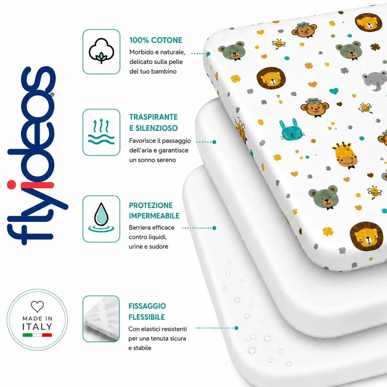 FlyIdeas Set 2 Lenzuola Culla 90x50 cm con Coprimaterasso Impermeabile – Lenzuola 100% Cotone Morbide e Traspiranti – Set Biancheria per Culla Neonato Compatibile con Kinderkraft Neste Up - immagine 2