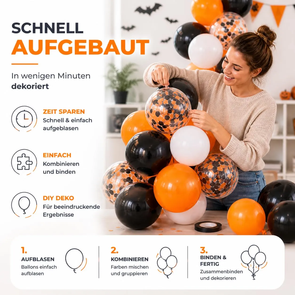 Confezione da 50 palloncini da 35 cm di diametro per decorazione di Halloween - Arancione, nero e bianco - Palloncini decorativi per gonfiaggio con aria o elio (50 x Halloween) - immagine 5