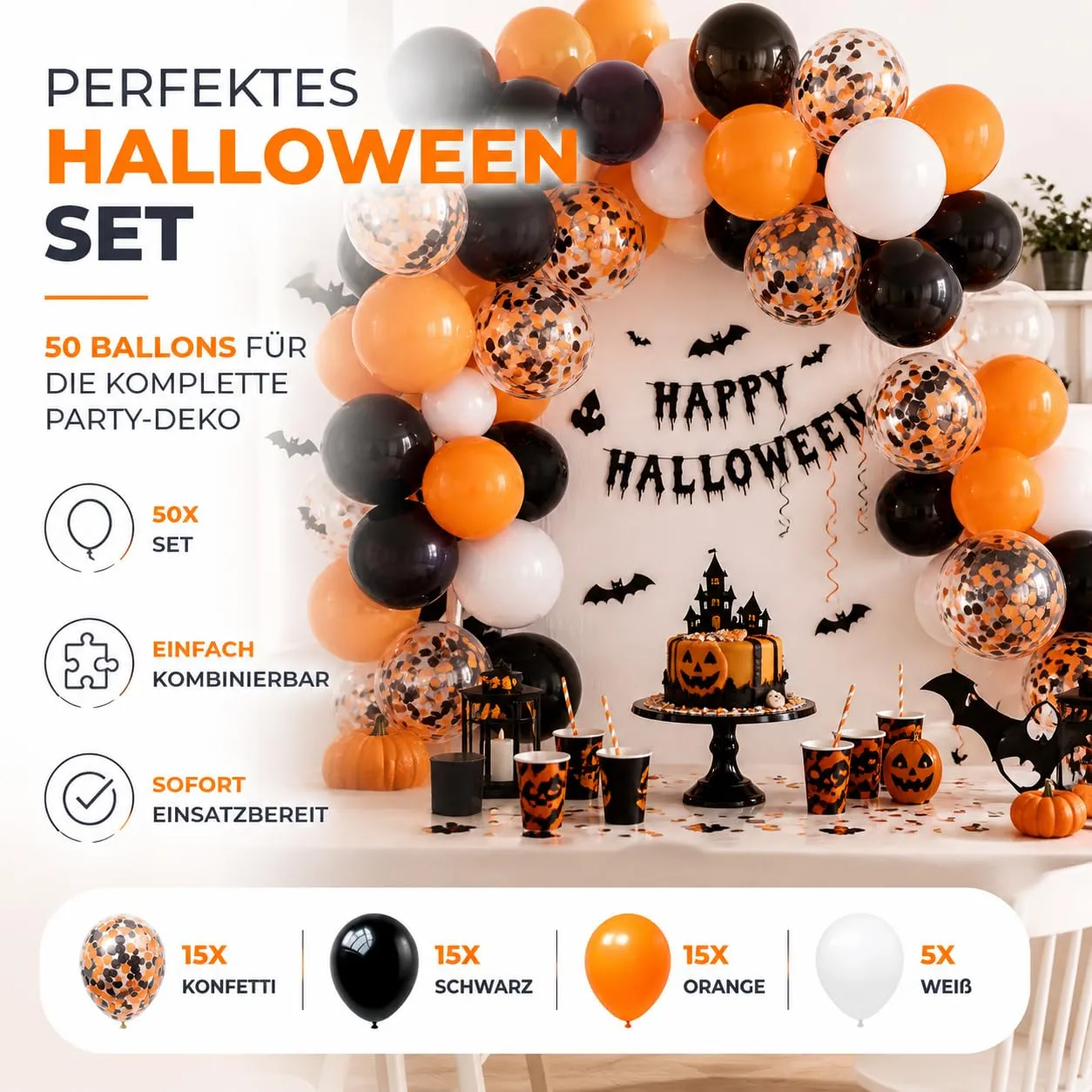 Confezione da 50 palloncini da 35 cm di diametro per decorazione di Halloween - Arancione, nero e bianco - Palloncini decorativi per gonfiaggio con aria o elio (50 x Halloween) - immagine 7