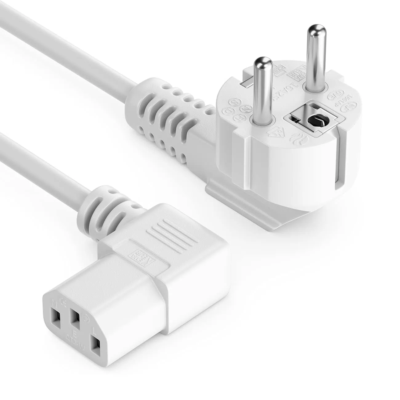 deleyCON 10m Cavo Alimentazione Corrente Linea con Spina Tipo F (CEE 7/7) 90° Angolato a Presa C13 90° Angolata Destra PC Computer Monitor Stampante Proiettore - Bianco - immagine 1