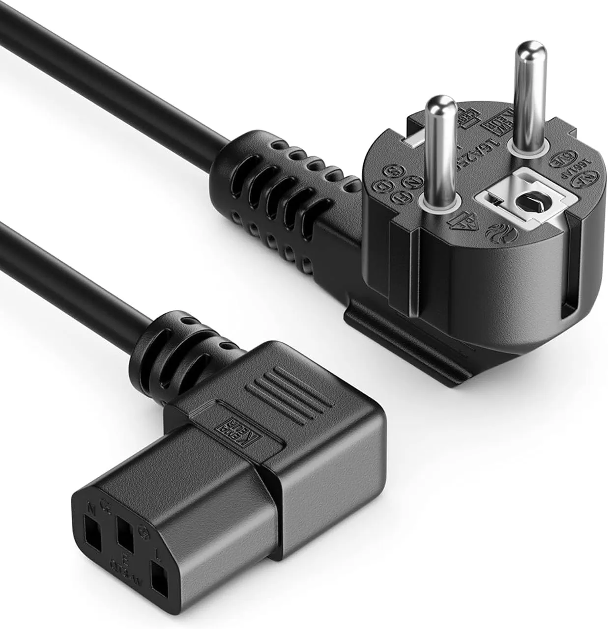 deleyCON 3,0m Cavo Alimentazione Corrente Linea con Spina Tipo F (CEE 7/7) 90° Angolato a Presa C13 90° Angolata Destra PC Computer Monitor Stampante Proiettore - Nero - immagine 1