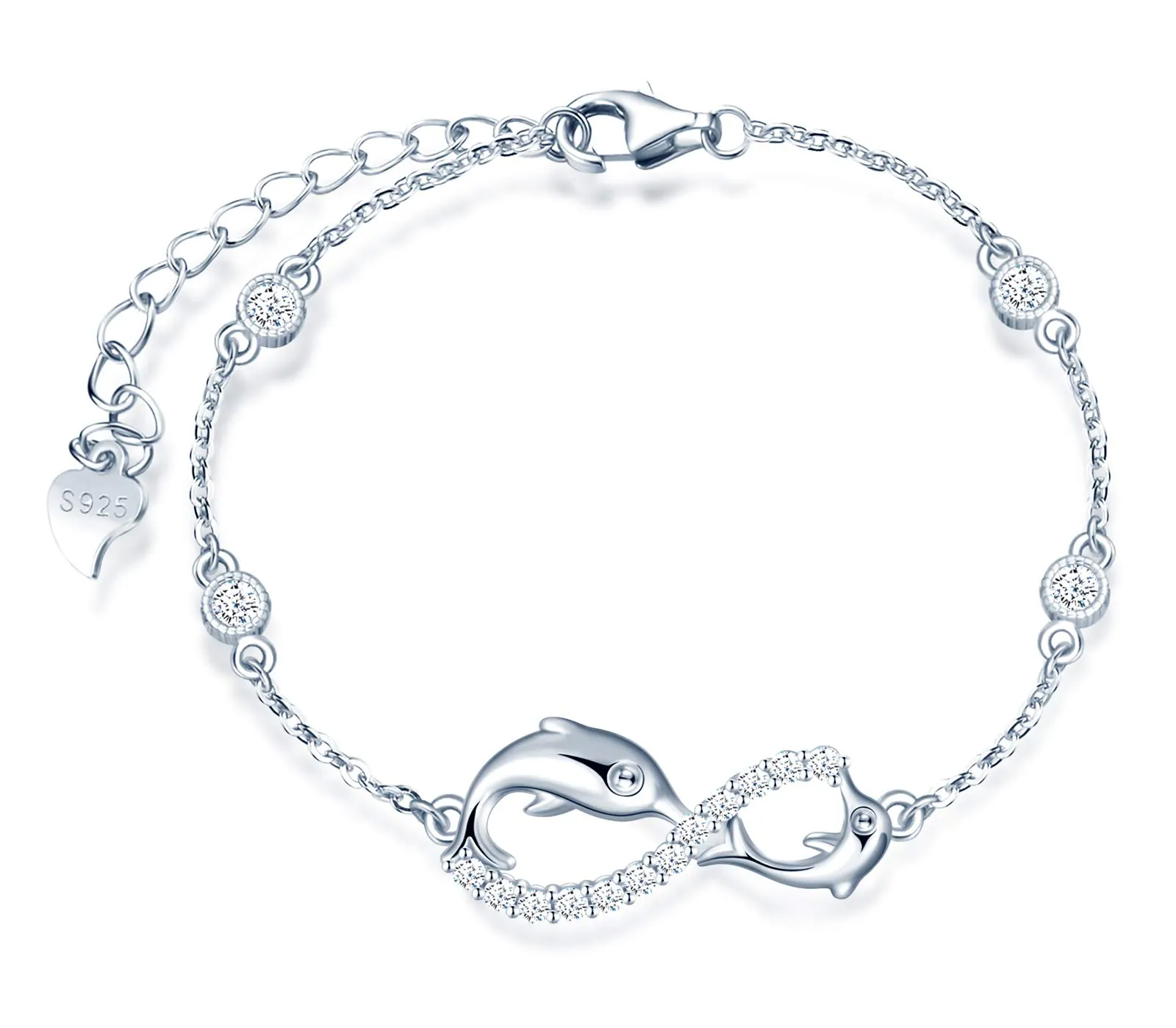 INFINIONLY Bracciale da donna, Parure di gioielli in argento sterling 925, bracciali simbolo dell'infinito e delfino carino, intarsio in zirconio, argento, Regali di compleanno e Natale - immagine 1