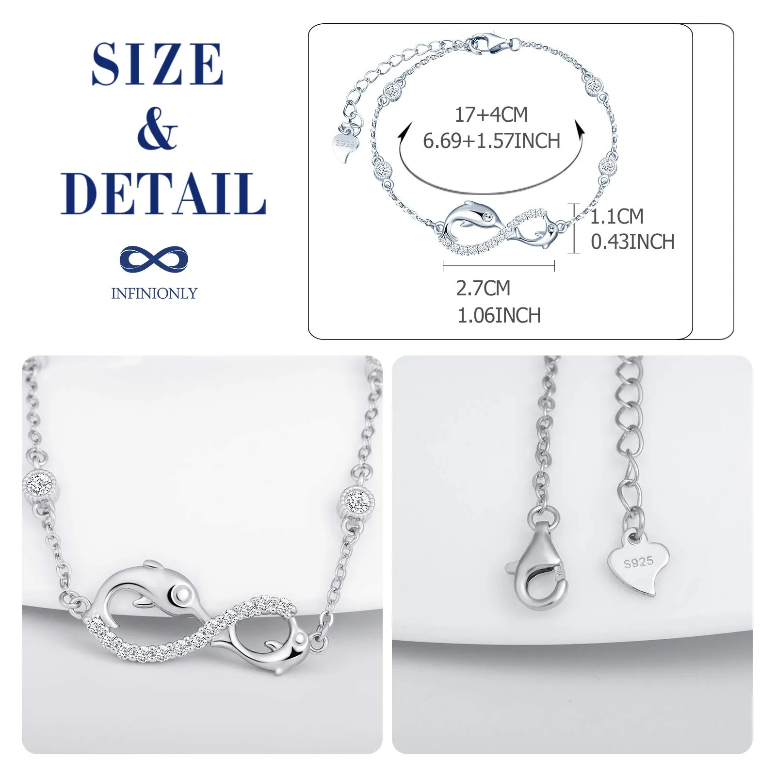 INFINIONLY Bracciale da donna, Parure di gioielli in argento sterling 925, bracciali simbolo dell'infinito e delfino carino, intarsio in zirconio, argento, Regali di compleanno e Natale - immagine 3