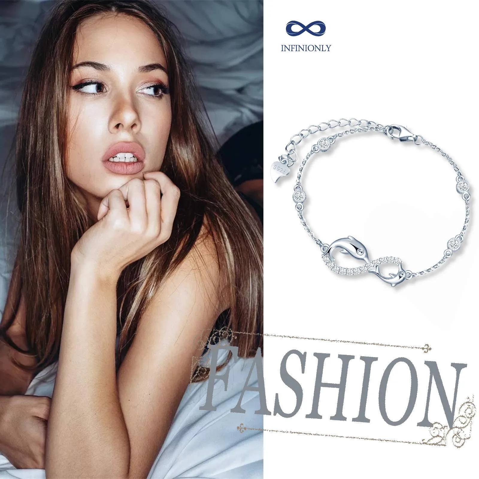 INFINIONLY Bracciale da donna, Parure di gioielli in argento sterling 925, bracciali simbolo dell'infinito e delfino carino, intarsio in zirconio, argento, Regali di compleanno e Natale - immagine 5