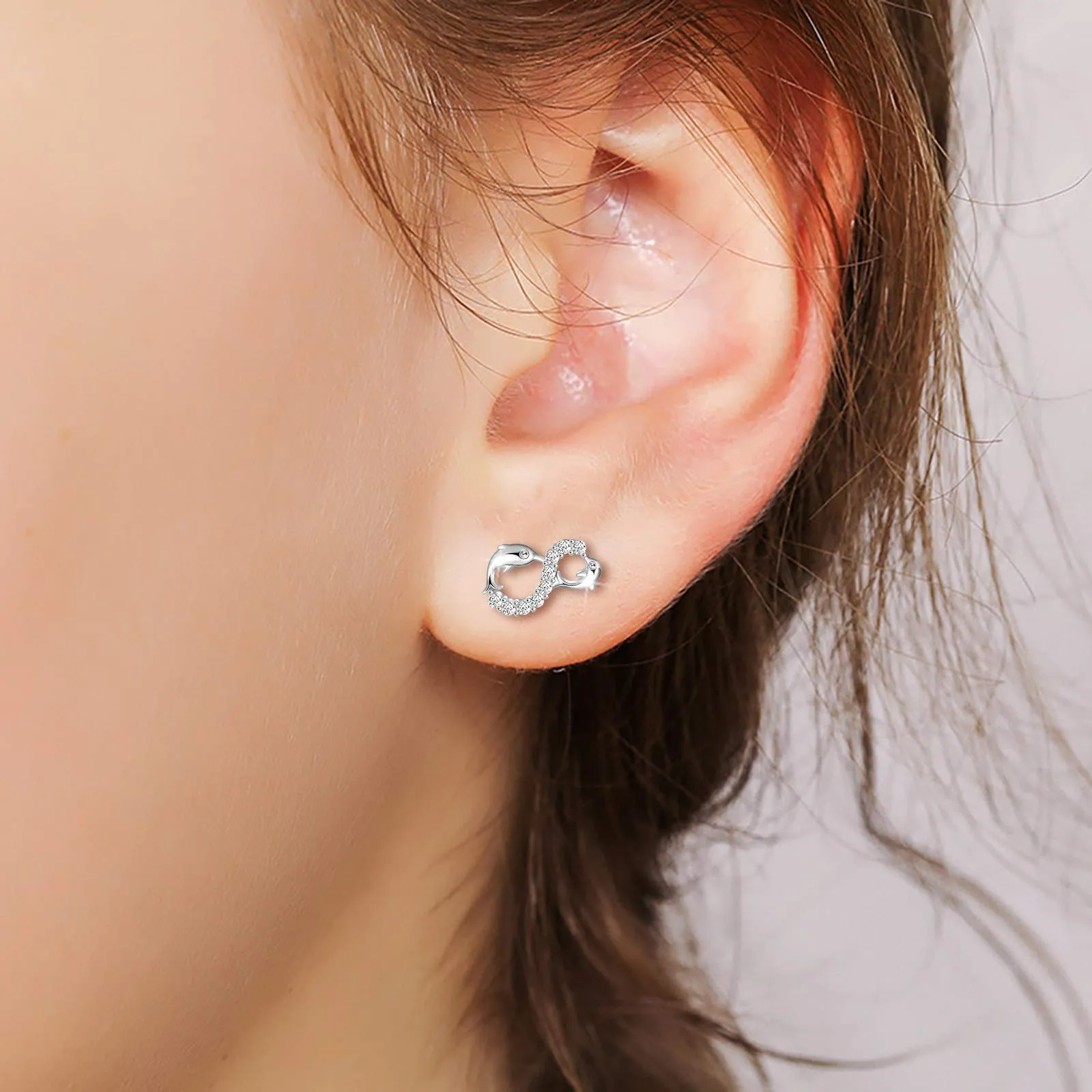 INFINIONLY Orecchini da donna, Parure di gioielli in argento sterling 925, orecchini simbolo dell'infinito e delfino carino, intarsio in zirconio, argento, Regali di compleanno e Natale - immagine 2