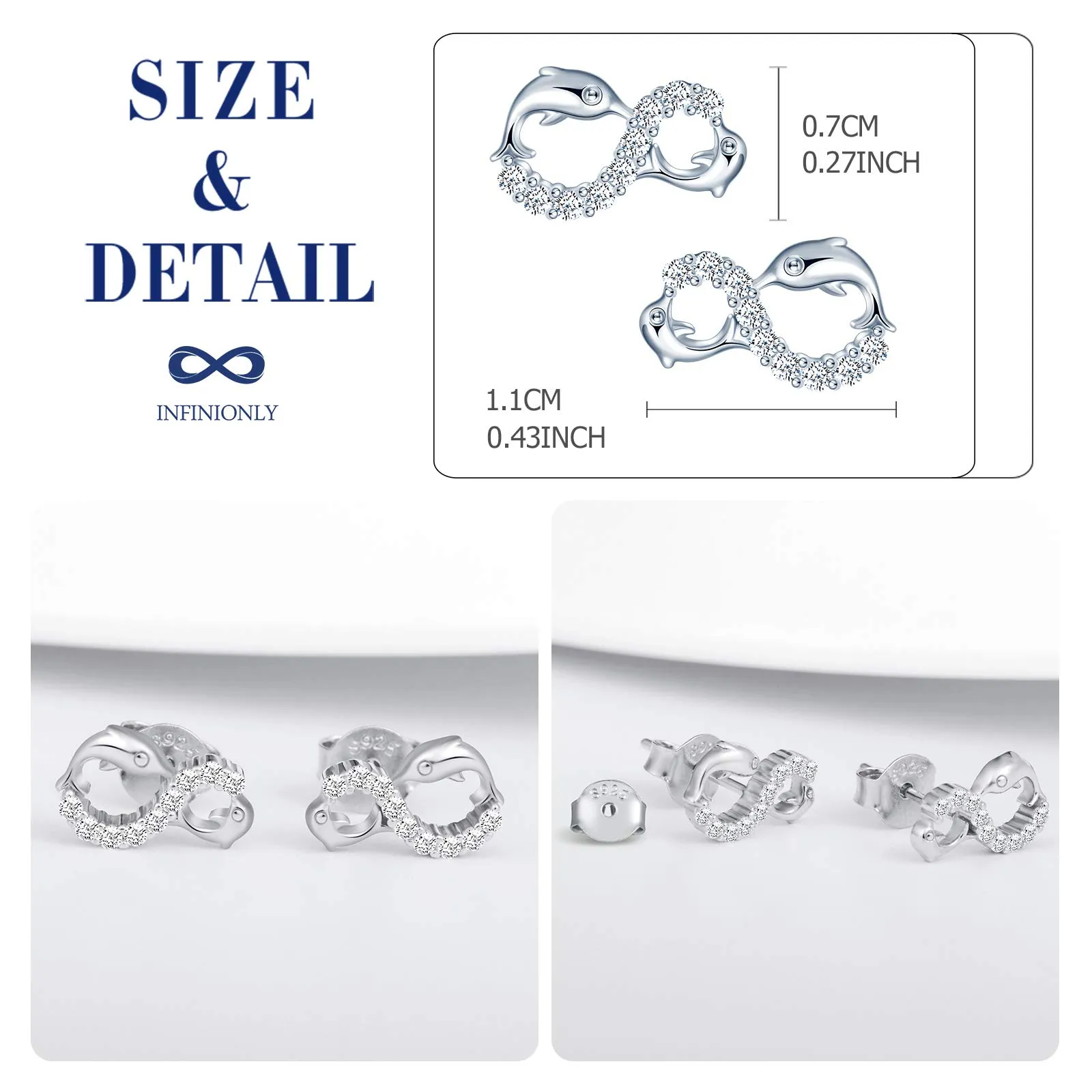 INFINIONLY Orecchini da donna, Parure di gioielli in argento sterling 925, orecchini simbolo dell'infinito e delfino carino, intarsio in zirconio, argento, Regali di compleanno e Natale - immagine 4
