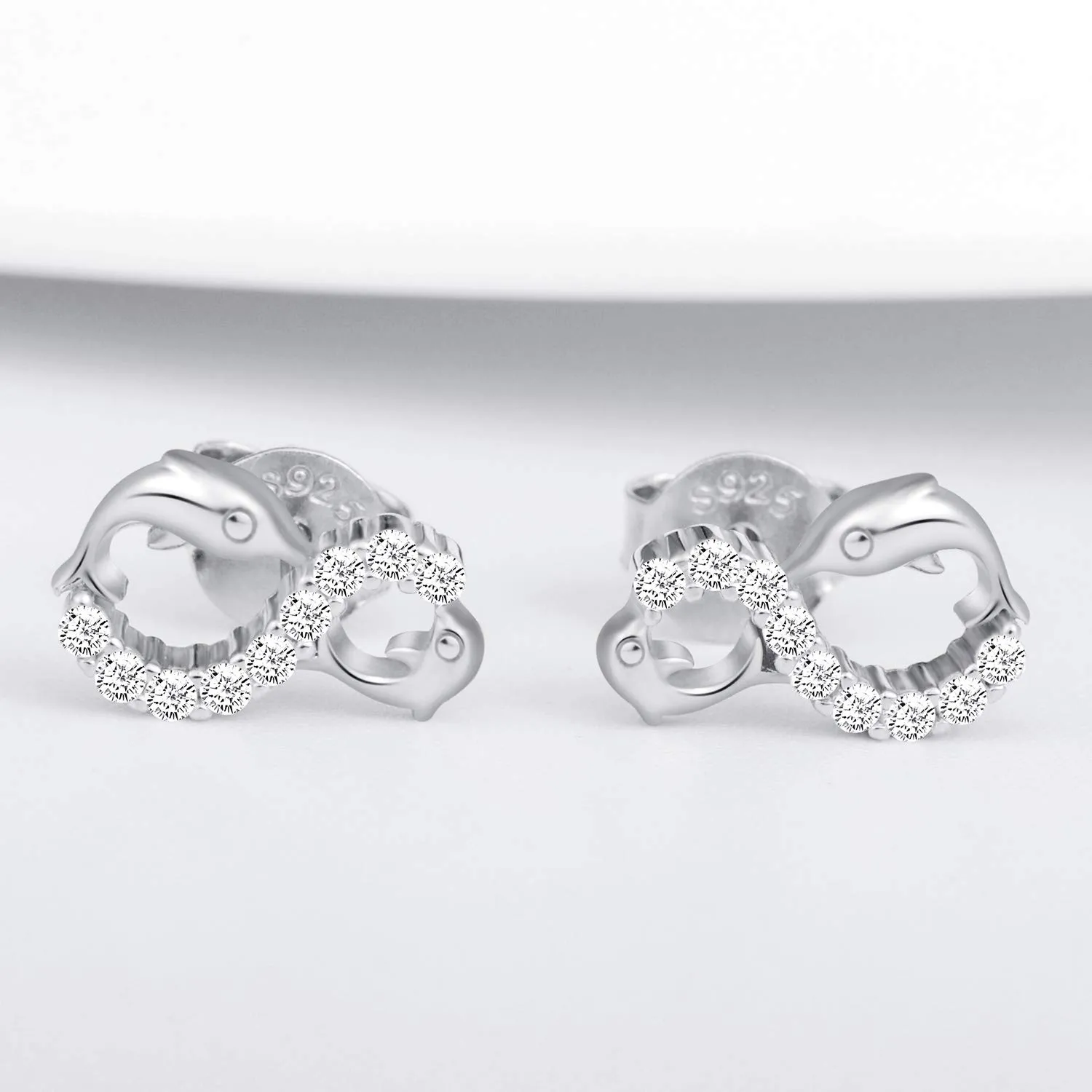 INFINIONLY Orecchini da donna, Parure di gioielli in argento sterling 925, orecchini simbolo dell'infinito e delfino carino, intarsio in zirconio, argento, Regali di compleanno e Natale - immagine 5