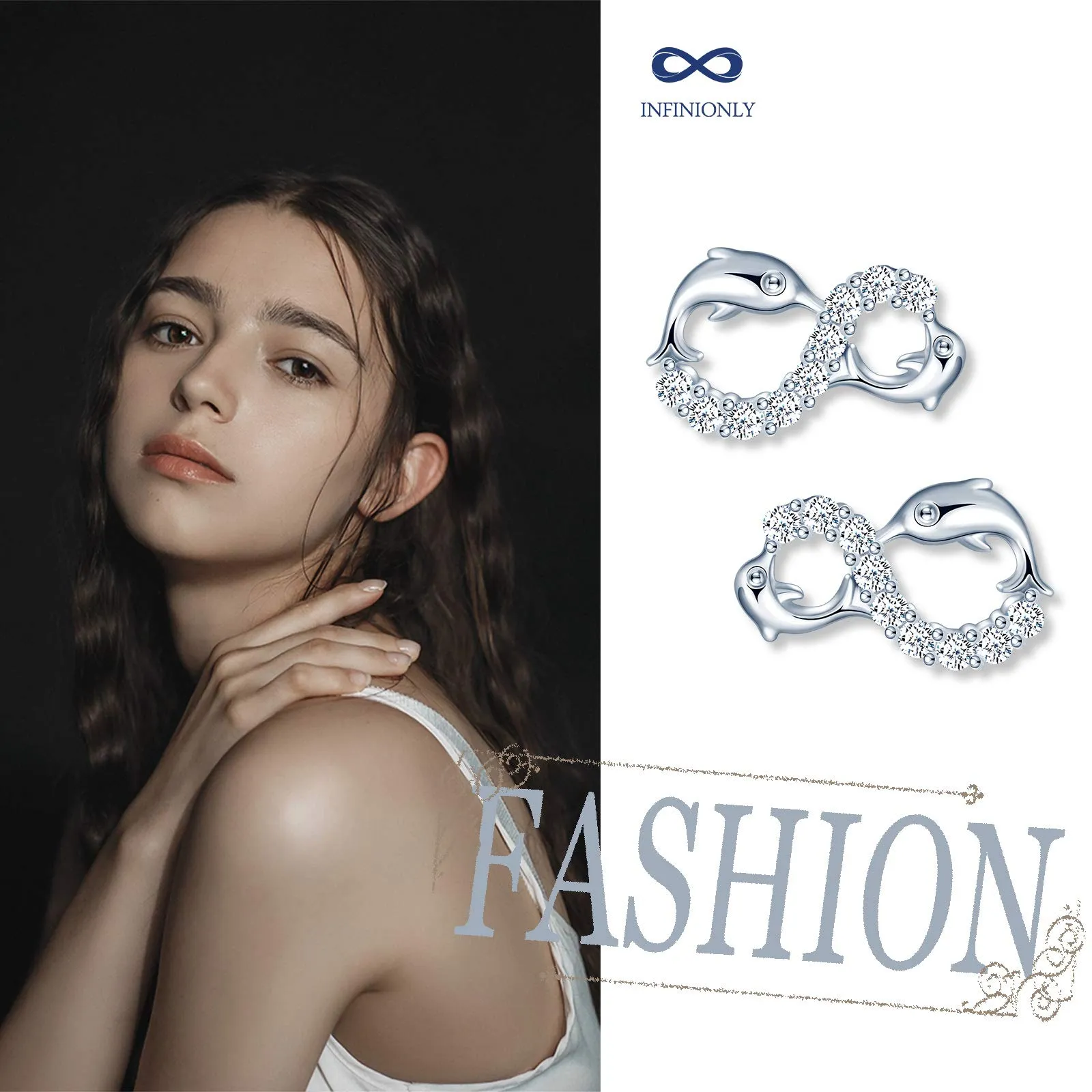 INFINIONLY Orecchini da donna, Parure di gioielli in argento sterling 925, orecchini simbolo dell'infinito e delfino carino, intarsio in zirconio, argento, Regali di compleanno e Natale - immagine 6