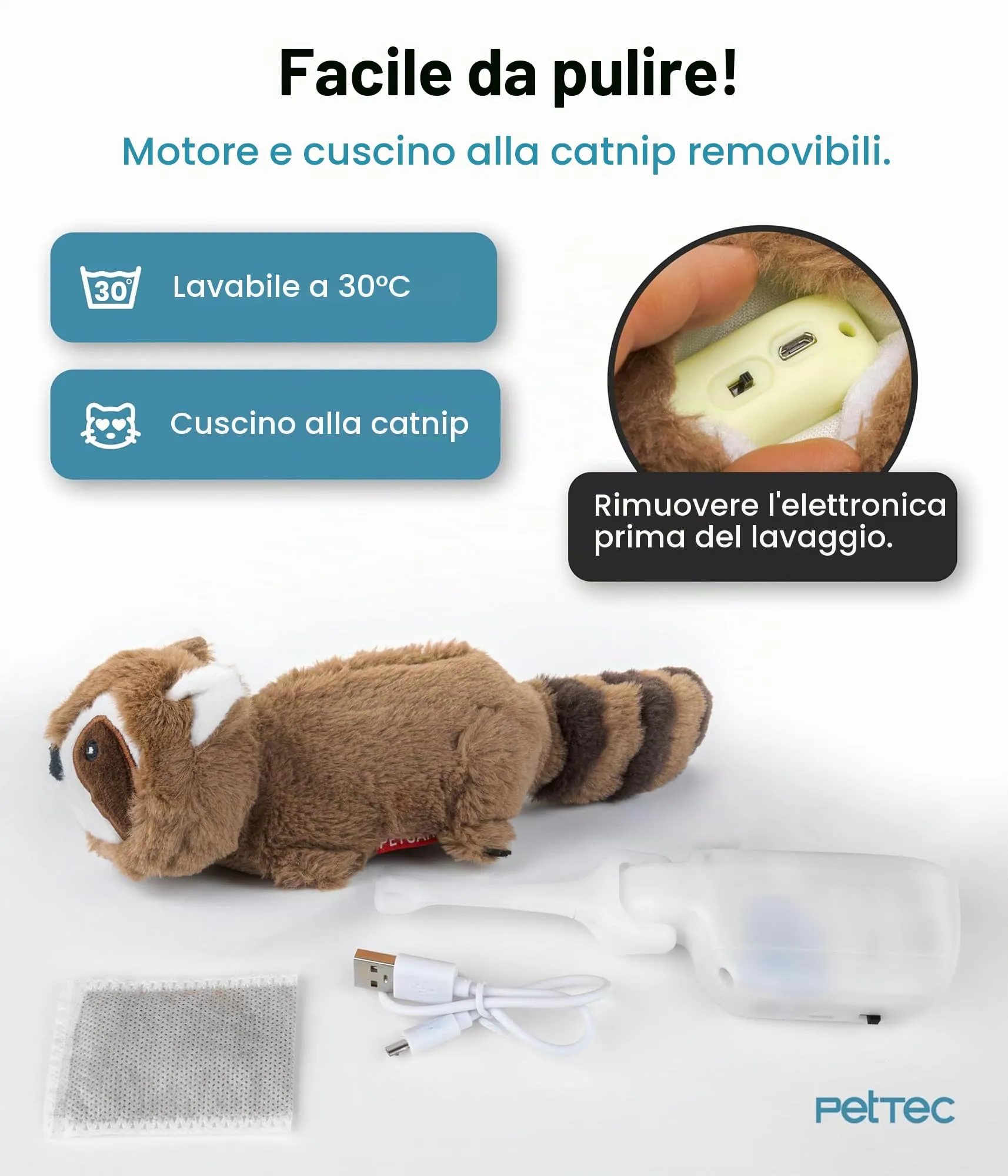 PetTec® Giocattolo interattivo elettrico per gatti per l'autointrattenimento - Procione mobile con erba gatta - Giocattolo interattivo per gatti automatico - Giocattoli per gatti - immagine 6