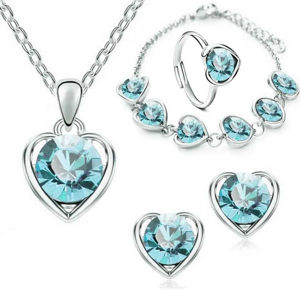 TOFBS Parure Gioielli Cuore Cristallo Elegante Collana Bracciale Anello Orecchini Set Donna Argento Brillante - immagine 1