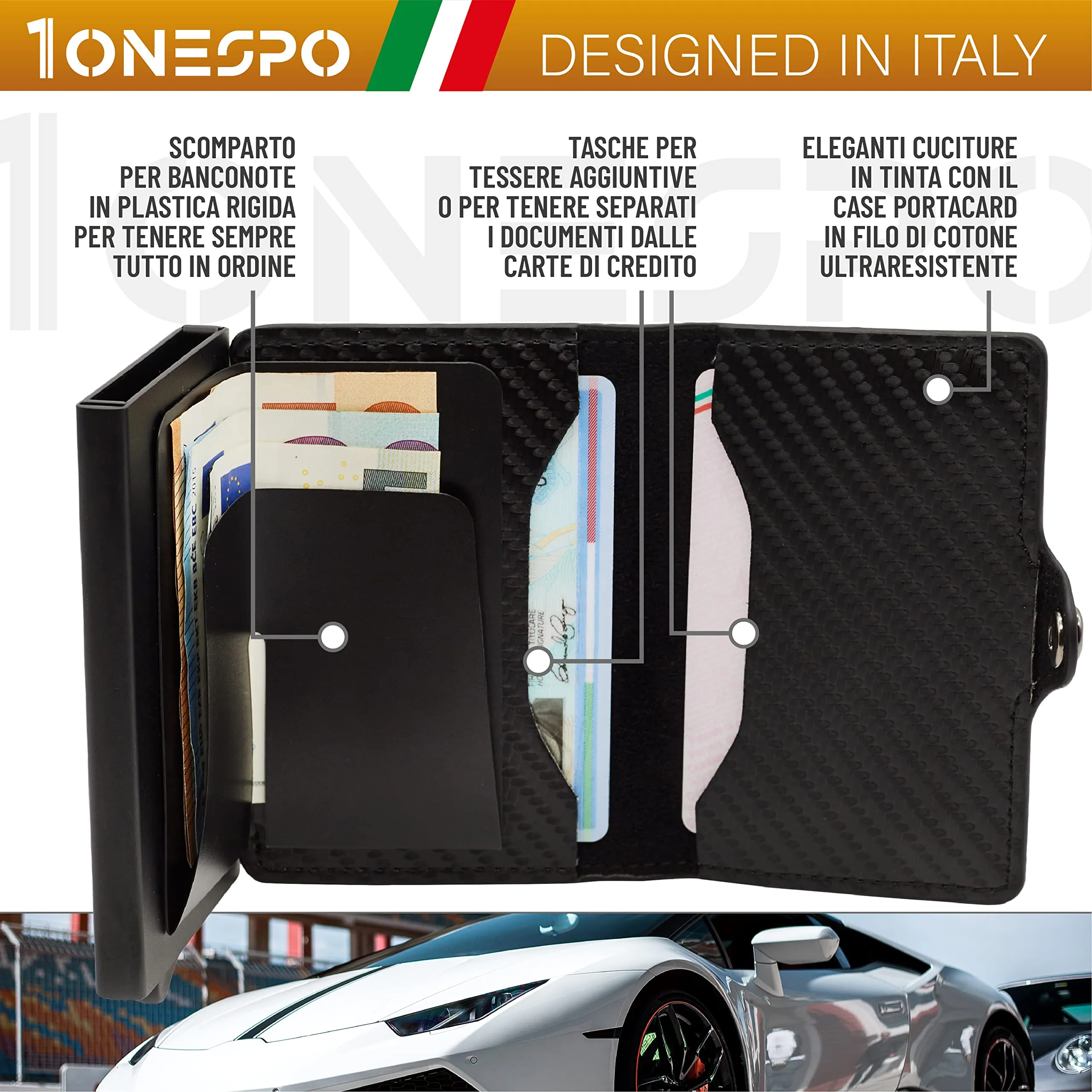 1ONESPO Porta Carte di Credito Uomo - Portacarte Slim con Portamonete e Contanti - Porta tessere e documenti tascabile protezione RFID, Nero - immagine 2