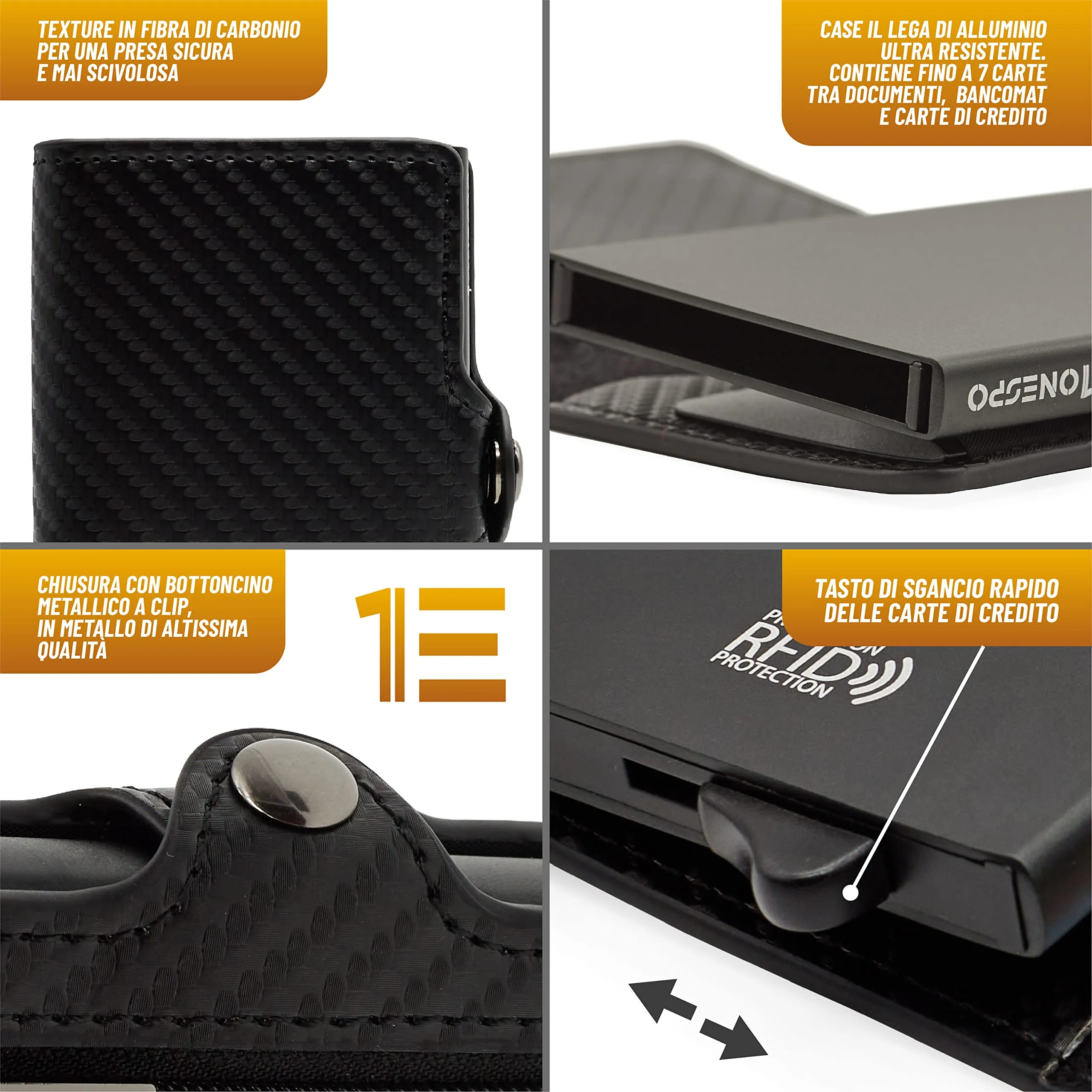 1ONESPO Porta Carte di Credito Uomo - Portacarte Slim con Portamonete e Contanti - Porta tessere e documenti tascabile protezione RFID, Nero - immagine 3