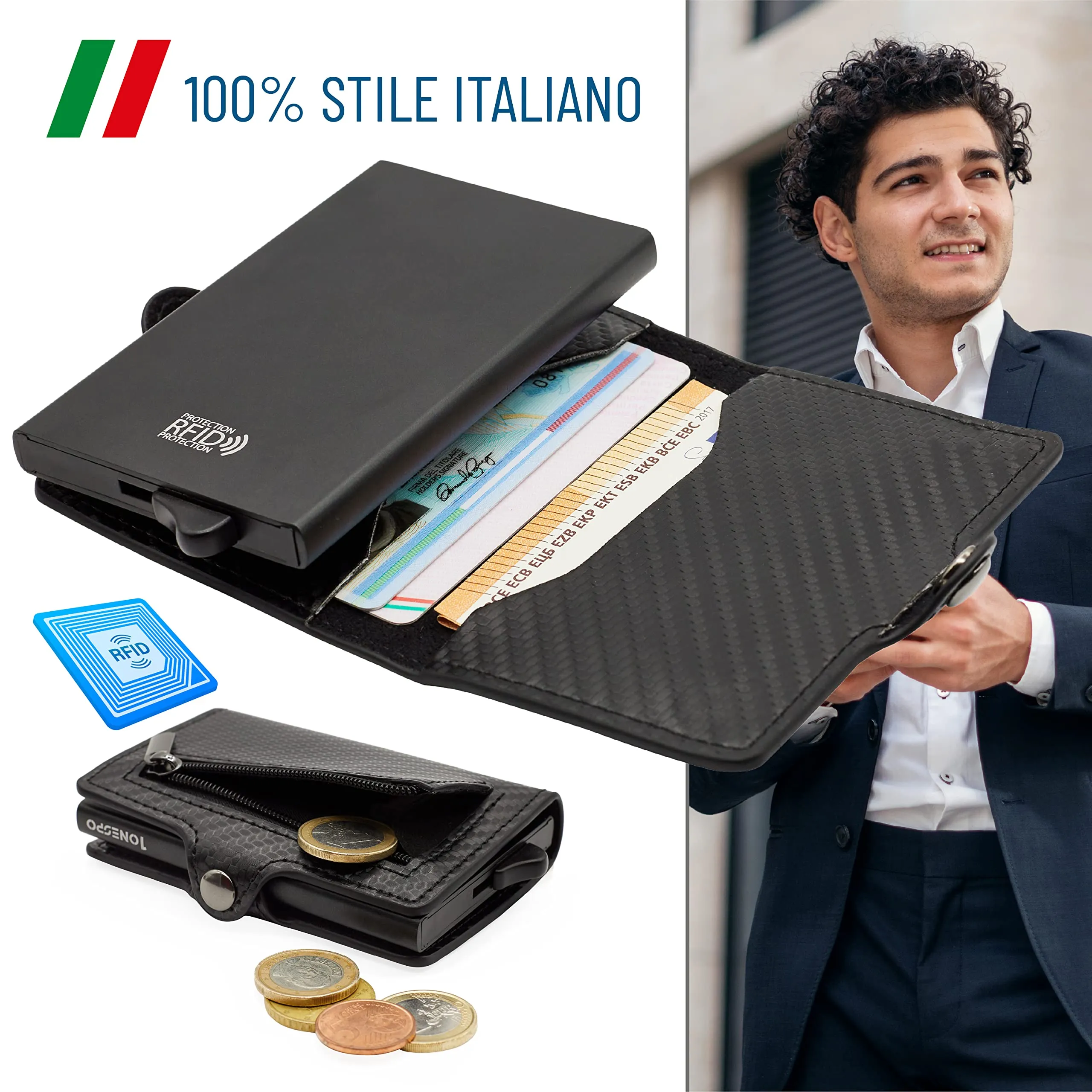 1ONESPO Porta Carte di Credito Uomo - Portacarte Slim con Portamonete e Contanti - Porta tessere e documenti tascabile protezione RFID, Nero - immagine 4