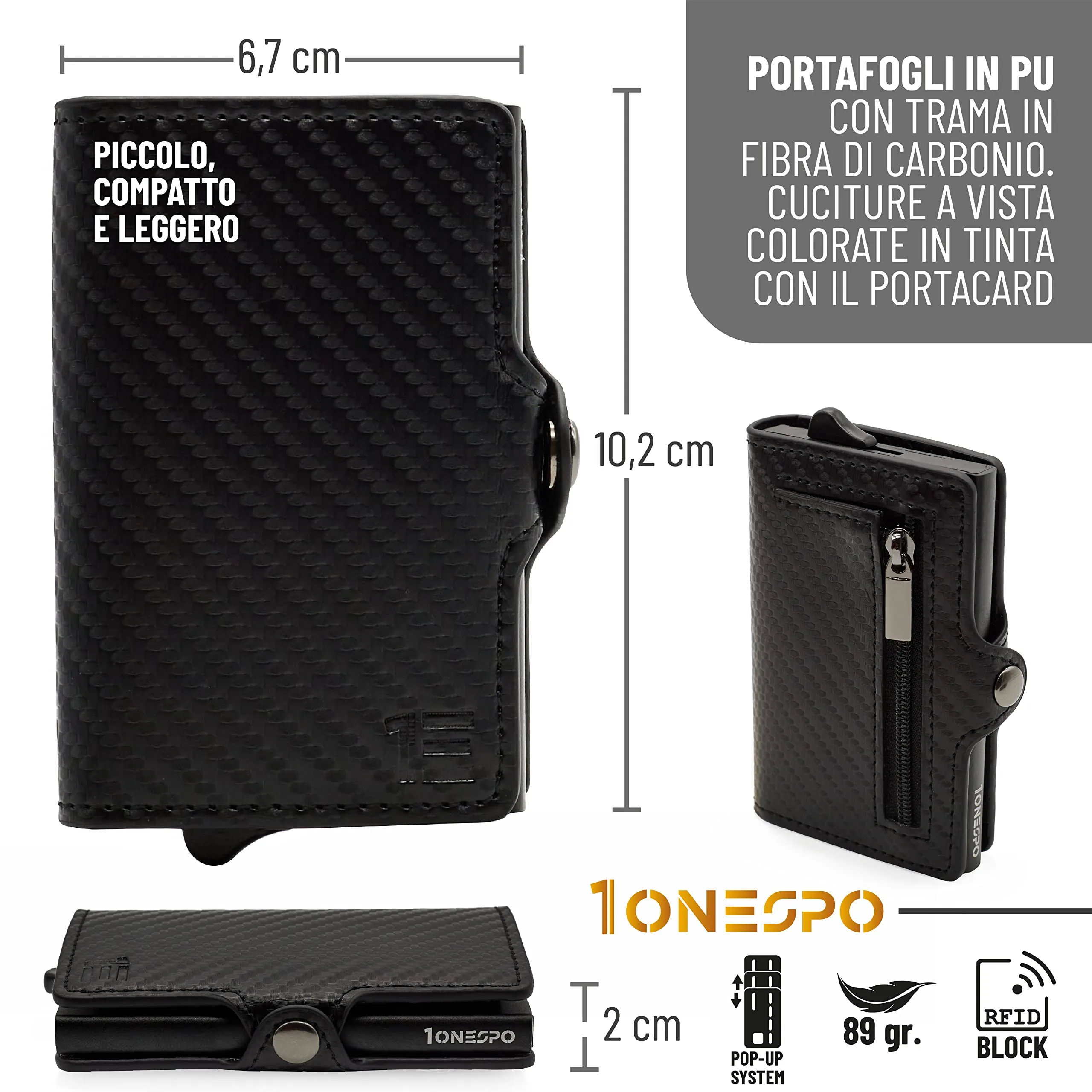 1ONESPO Porta Carte di Credito Uomo - Portacarte Slim con Portamonete e Contanti - Porta tessere e documenti tascabile protezione RFID, Nero - immagine 5