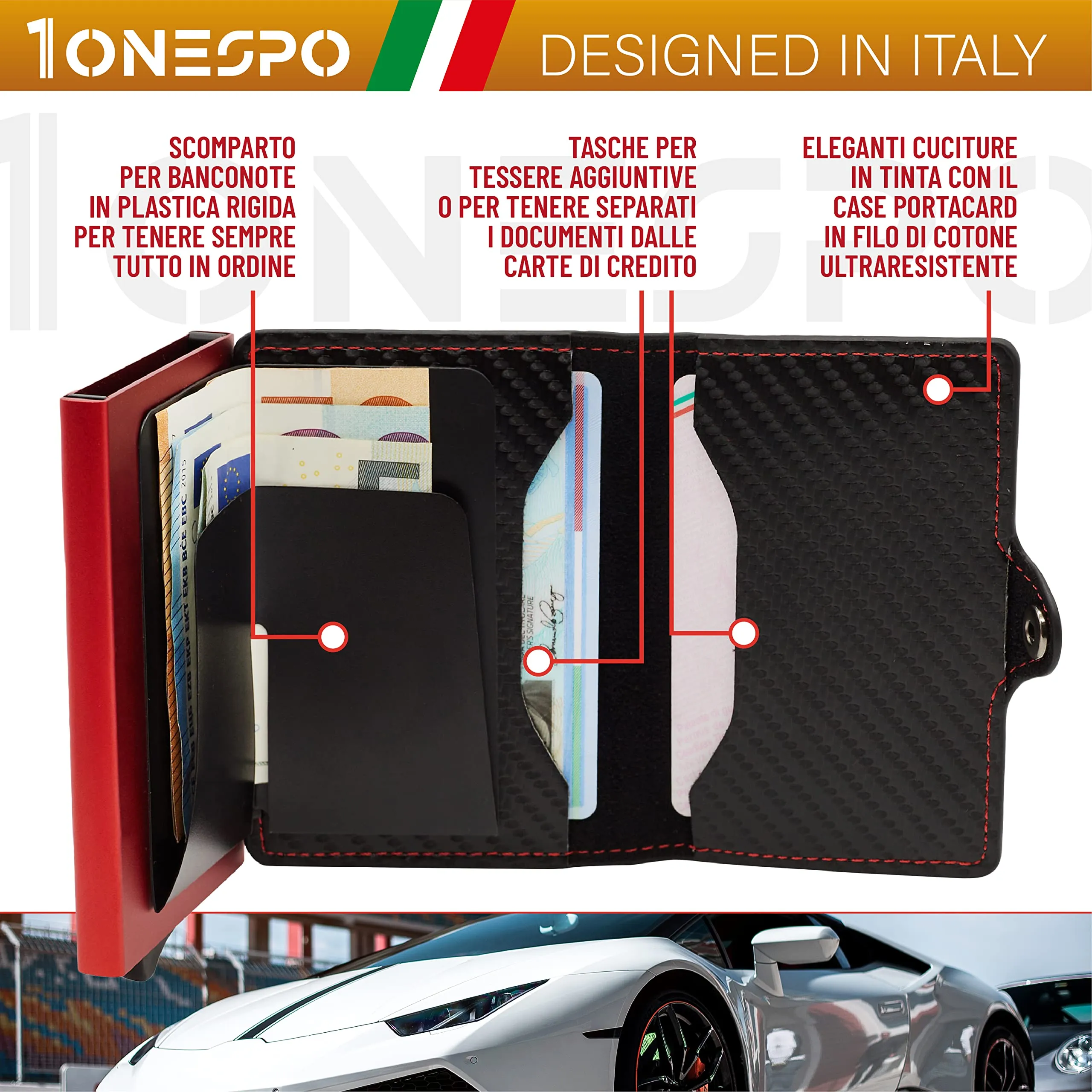 1ONESPO Porta Carte di Credito Uomo - Portacarte Slim con Portamonete e Contanti - Porta tessere e documenti tascabile protezione RFID, Rosso… - immagine 2