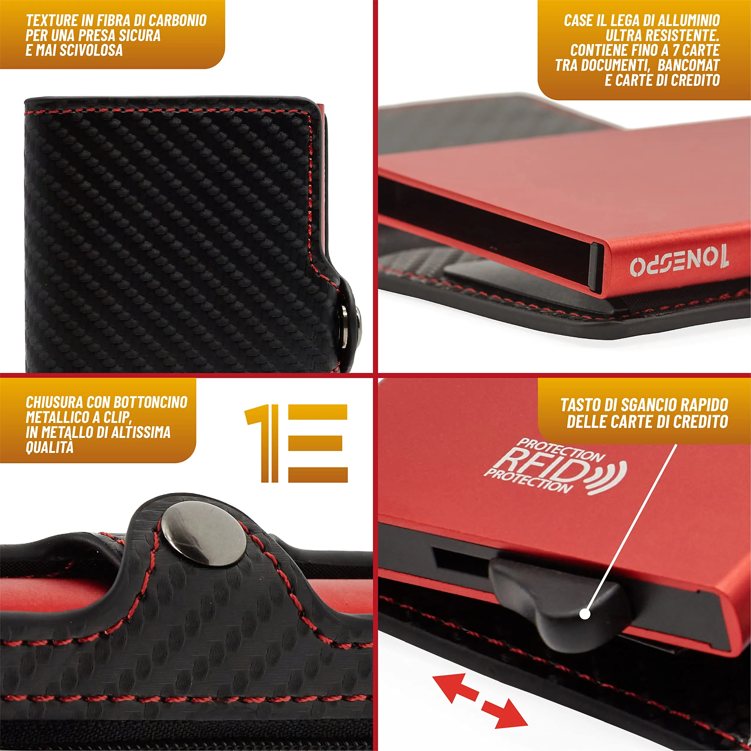 1ONESPO Porta Carte di Credito Uomo - Portacarte Slim con Portamonete e Contanti - Porta tessere e documenti tascabile protezione RFID, Rosso… - immagine 3